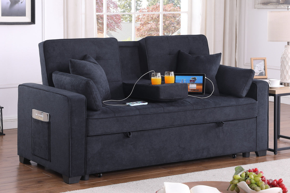 Corrado II 70"W Dark Gray Woven Fabric Convertible Sleeper Loveseat with Dropdown Console, Cup Holders, Charging Ports, Pocket, and Pocket Coil Seating