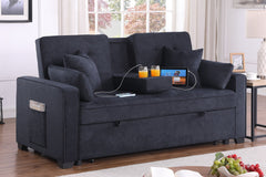 Corrado II 70"W Dark Gray Woven Fabric Convertible Sleeper Loveseat with Dropdown Console, Cup Holders, Charging Ports, Pocket, and Pocket Coil Seating