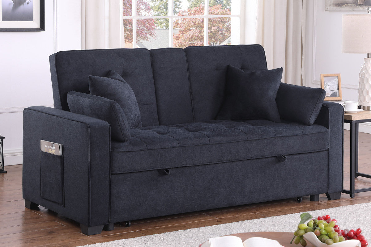 Corrado II 70"W Dark Gray Woven Fabric Convertible Sleeper Loveseat with Dropdown Console, Cup Holders, Charging Ports, Pocket, and Pocket Coil Seating