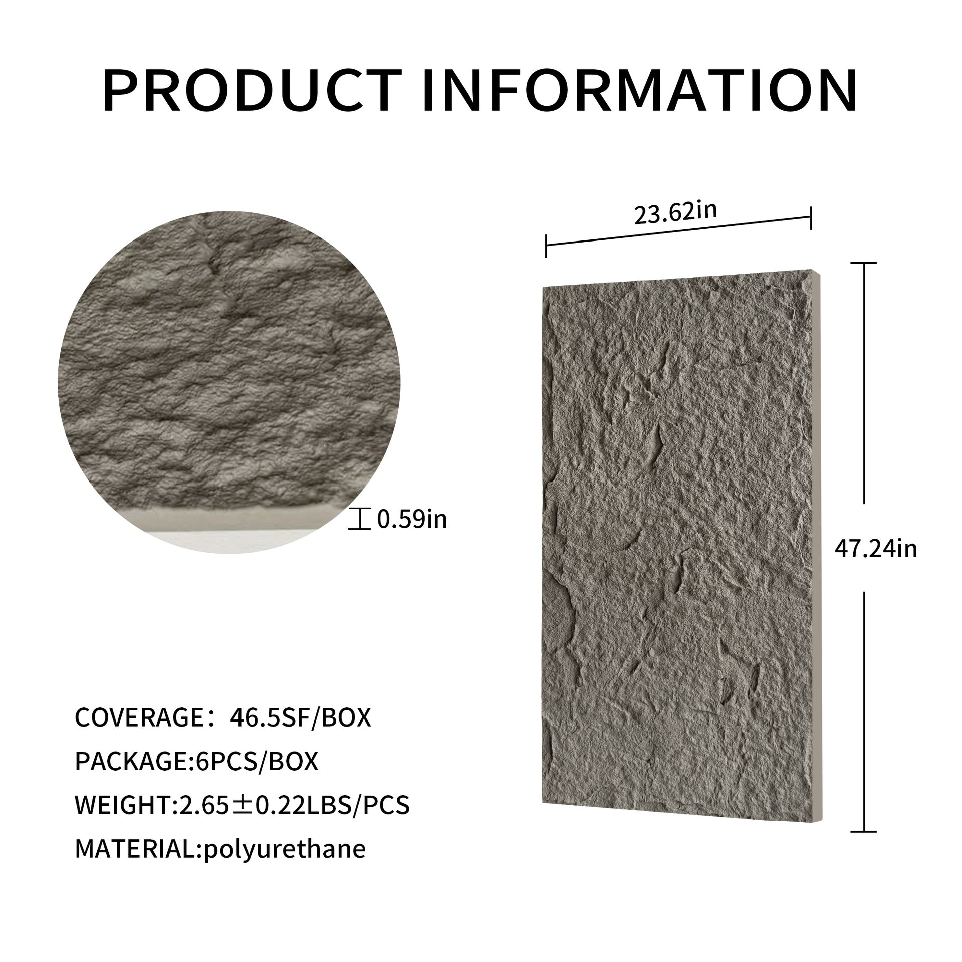 3D Faux Stone Wall Panels, 6 PCS PU Wainscoting Panel for Interior Wall Decor, Flame-resistant & Lightweight & Waterproof, for TV Wall, Office, Living Room,  47.24" × 23.62"(Stone skin)(Charcoal Grey)