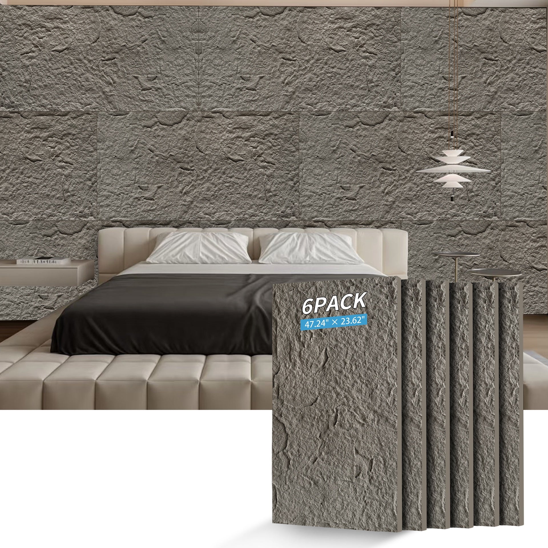 3D Faux Stone Wall Panels, 6 PCS PU Wainscoting Panel for Interior Wall Decor, Flame-resistant & Lightweight & Waterproof, for TV Wall, Office, Living Room,  47.24" × 23.62"(Stone skin)(Charcoal Grey)