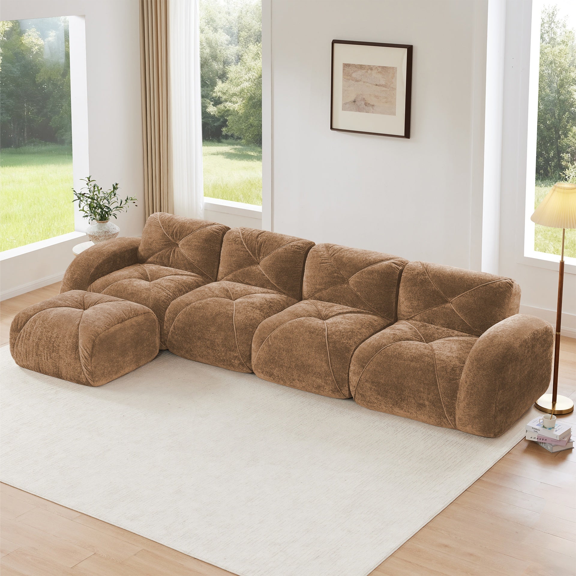 L-shaped Soft Velvet Fabric,Tufted Design,32D High Density Sponge Bottom,Ergonomic Design Bottom,Anti-Slip Design,Free Combination,No Assembly Required,Movable Ottoman For Living Rooms,Camel