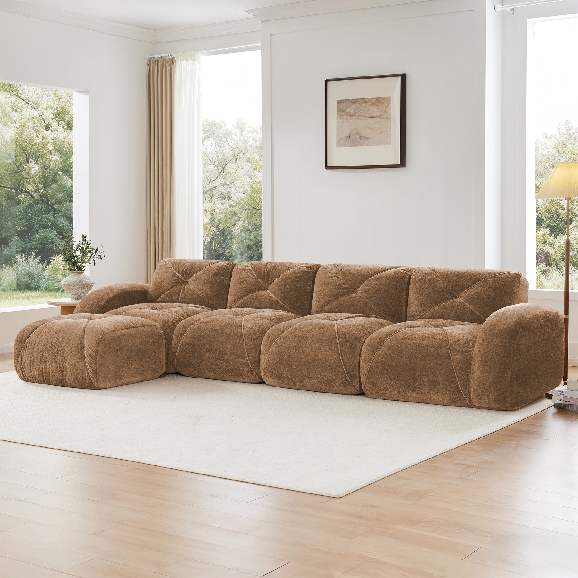 L-shaped Soft Velvet Fabric,Tufted Design,32D High Density Sponge Bottom,Ergonomic Design Bottom,Anti-Slip Design,Free Combination,No Assembly Required,Movable Ottoman For Living Rooms,Camel