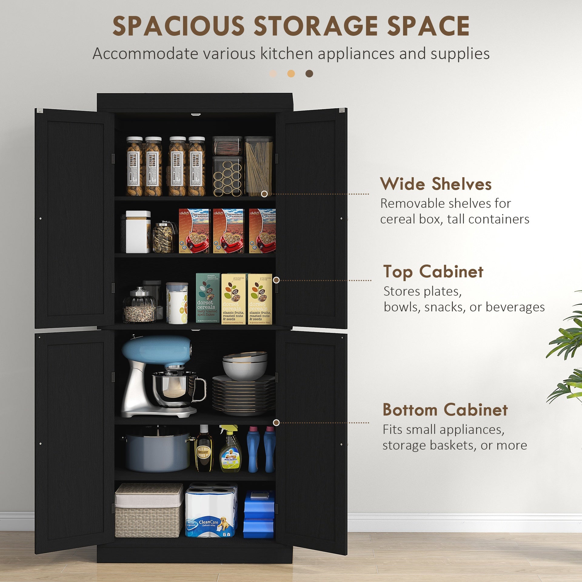 HOMCOM 72" Kitchen Cabinet, Pantry Storage Cabinet with Doors and Shelves, Freestanding Food Pantry Cabinet, Black Wood Grain