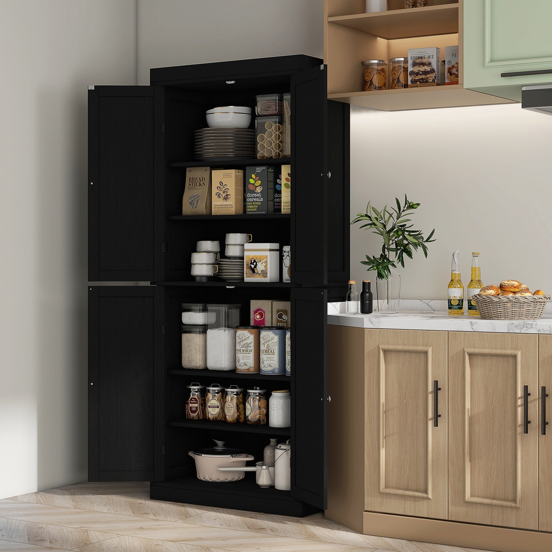 HOMCOM 72" Kitchen Cabinet, Pantry Storage Cabinet with Doors and Shelves, Freestanding Food Pantry Cabinet, Black Wood Grain