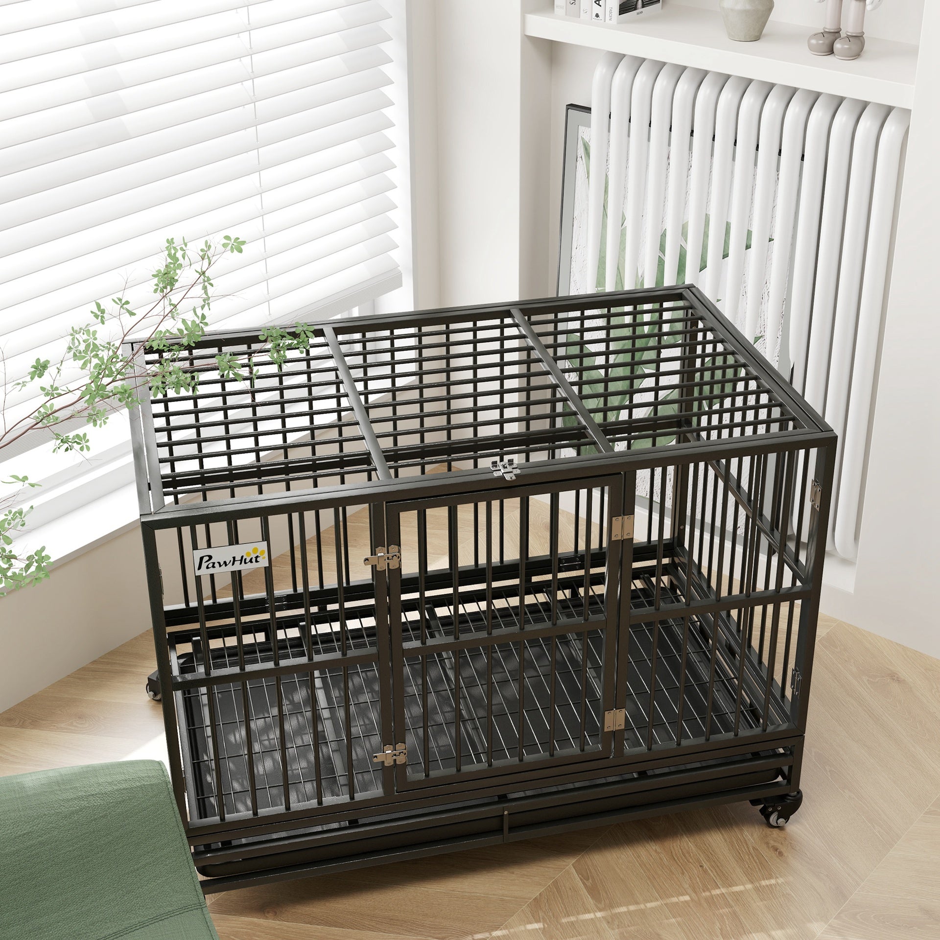PawHut 48" Heavy Duty Dog Crate Metal Cage Kennel with Lockable Wheels, Double Door and Removable Tray, gray