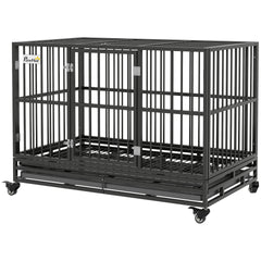 PawHut 48" Heavy Duty Dog Crate Metal Cage Kennel with Lockable Wheels, Double Door and Removable Tray, gray