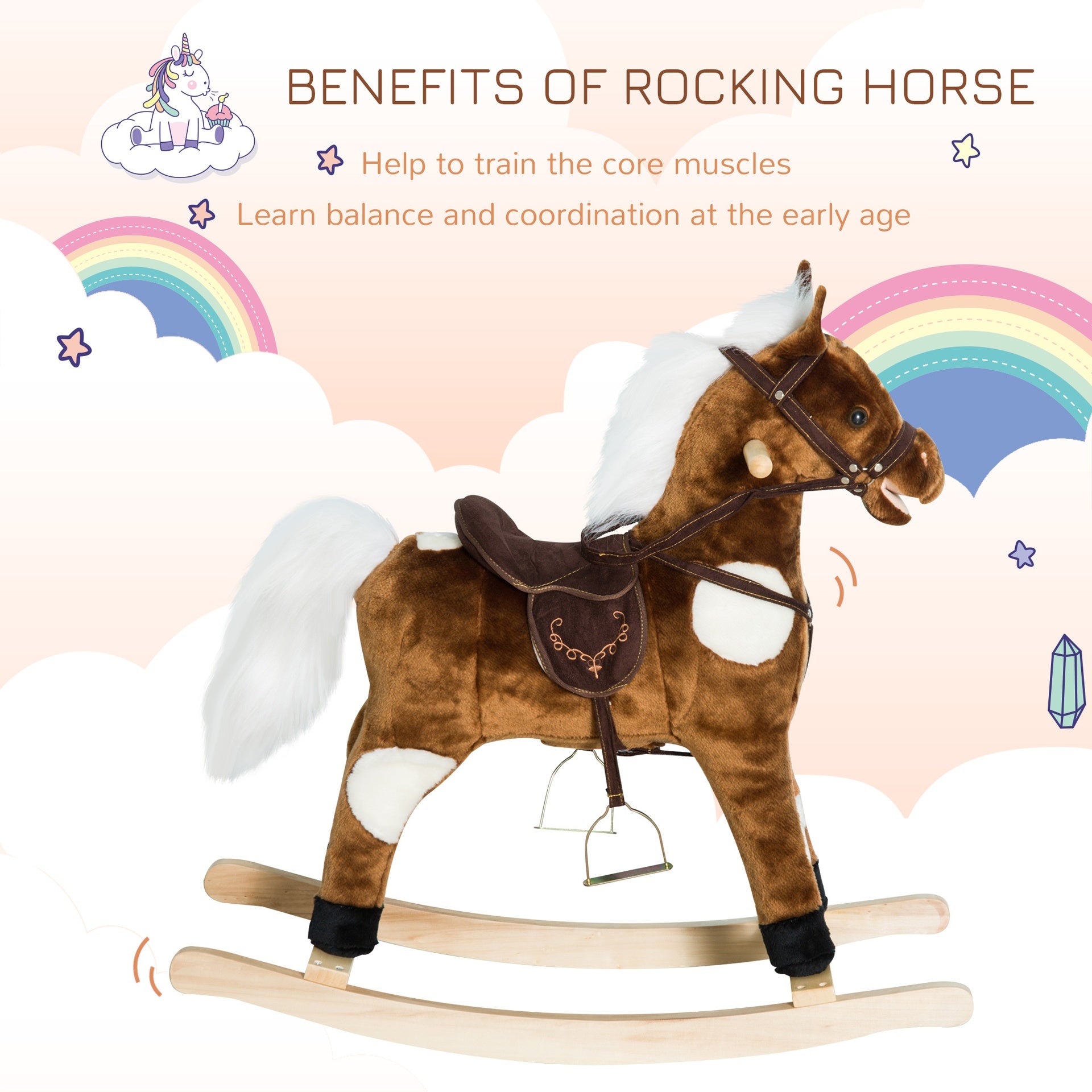 Qaba Kids Metal Plush Ride-On Rocking Horse Chair Toy With Nursery Rhyme Music - Dark Brown