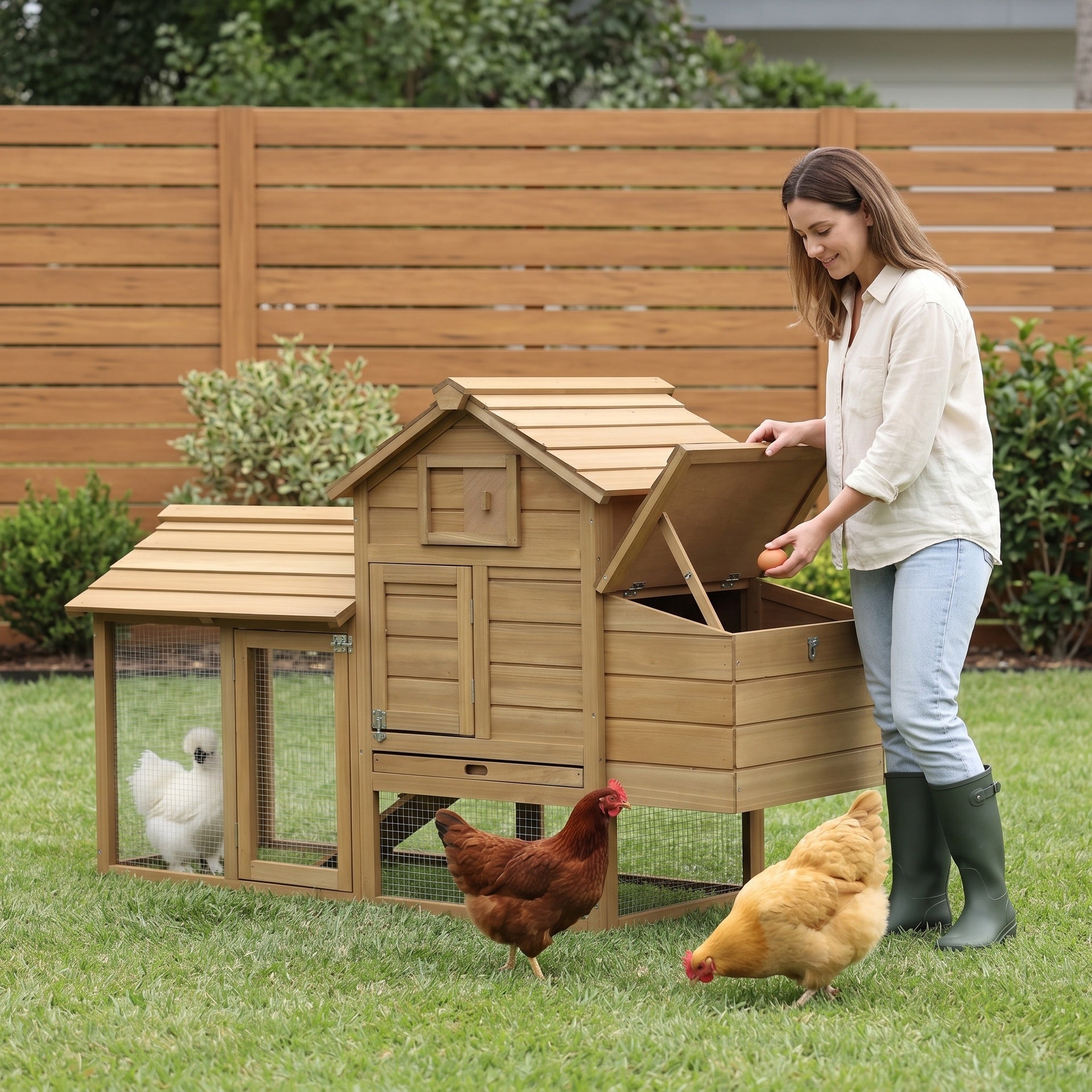 PawHut 59" Small Wooden Chicken coop Hen House Poultry Cage for Outdoor Backyard with 2 Doors, Nesting Box and Removable Tray, Natural Wood