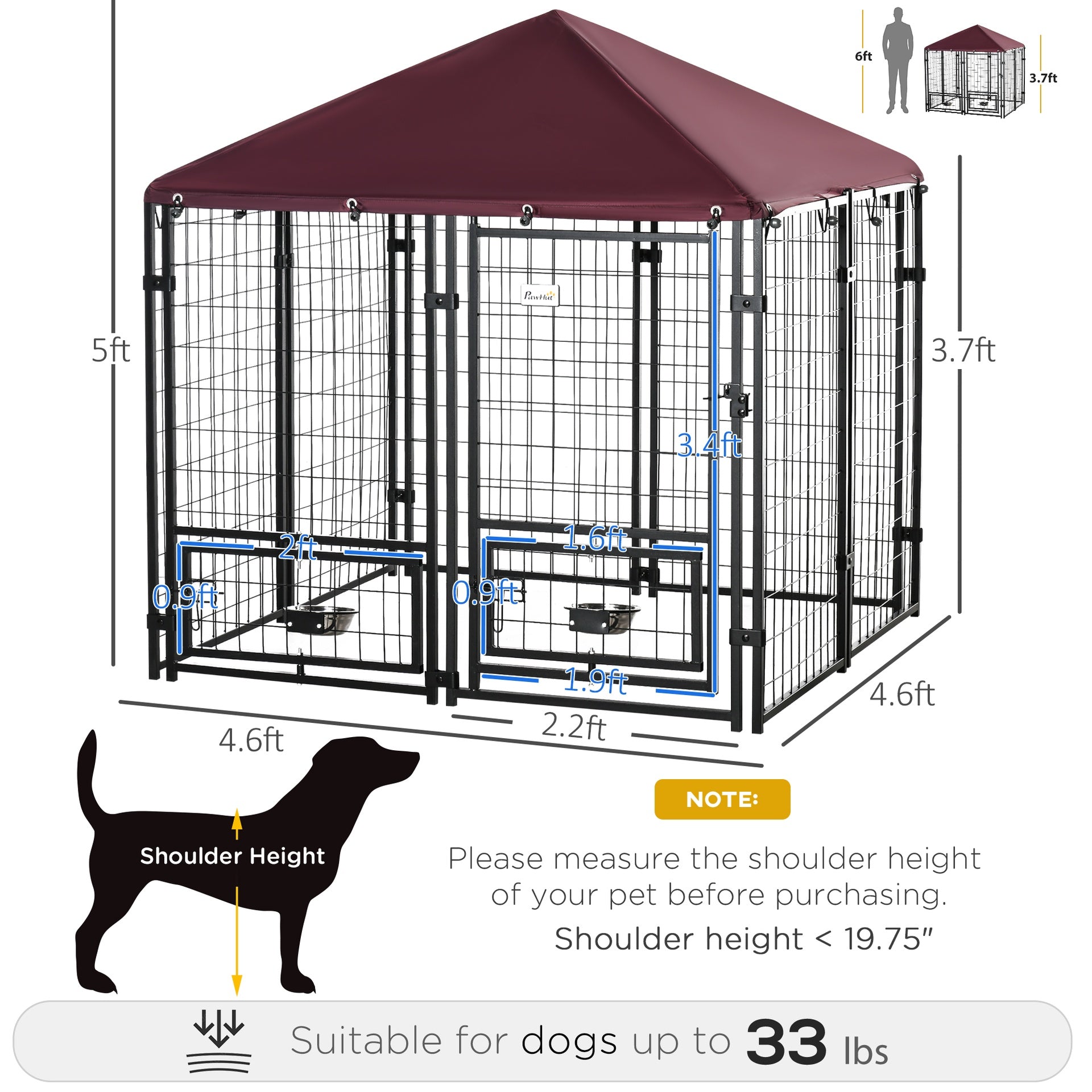 PawHut Outdoor Dog Kennel with Rotating Bowl Holders, Pet Playpen with Waterproof Cover, 4.6' x 4.6' x 5', Red