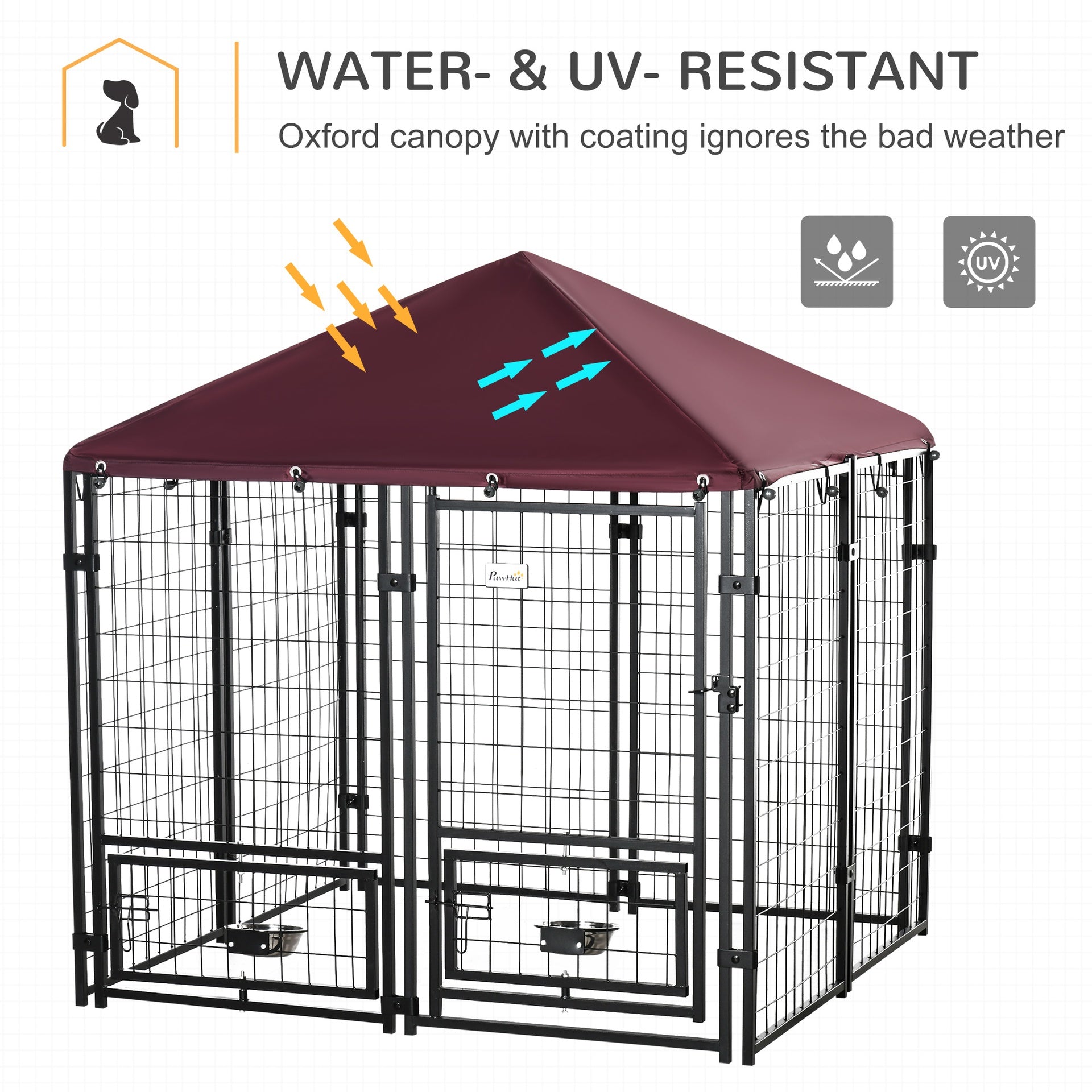 PawHut Outdoor Dog Kennel with Rotating Bowl Holders, Pet Playpen with Waterproof Cover, 4.6' x 4.6' x 5', Red