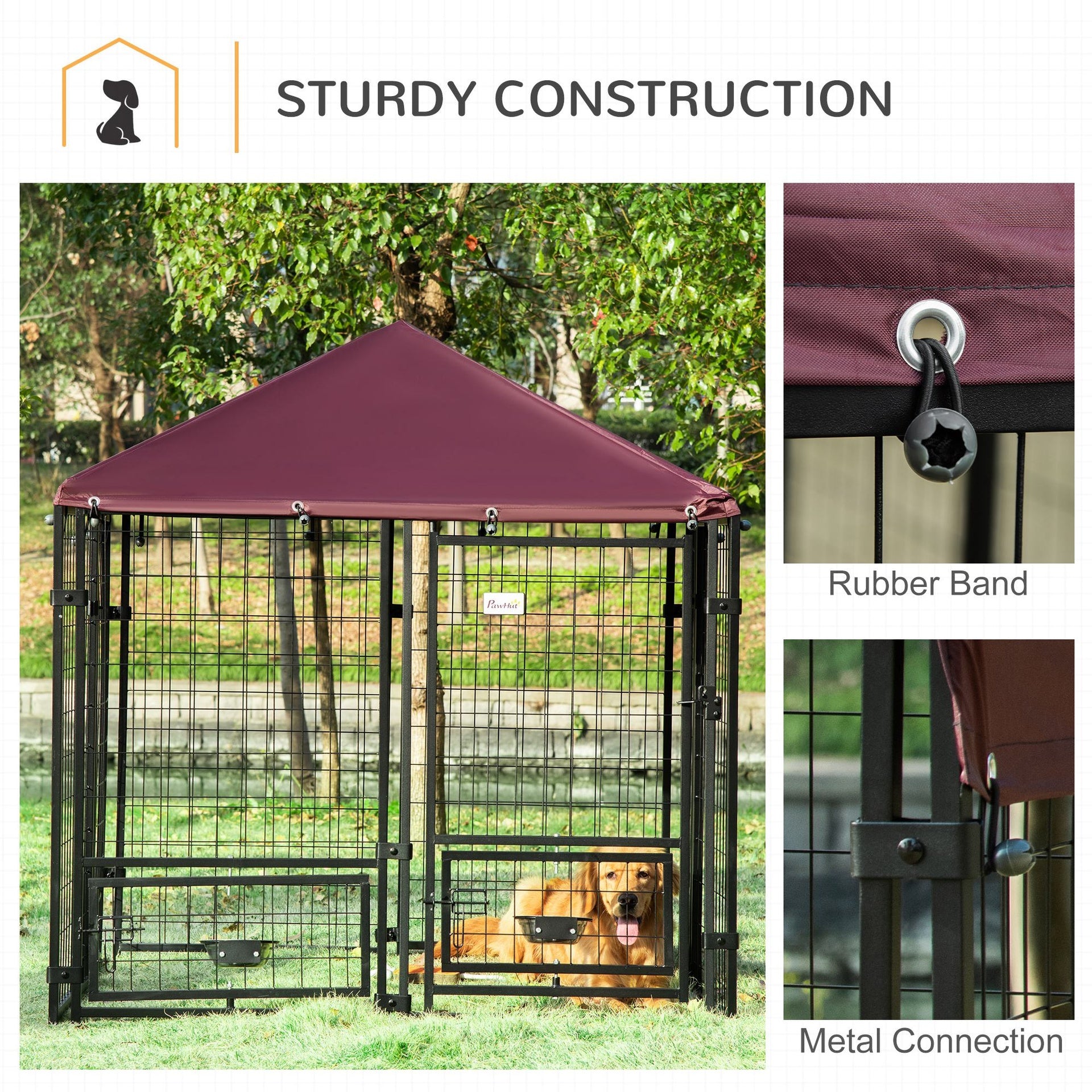 PawHut Outdoor Dog Kennel with Rotating Bowl Holders, Pet Playpen with Waterproof Cover, 4.6' x 4.6' x 5', Red