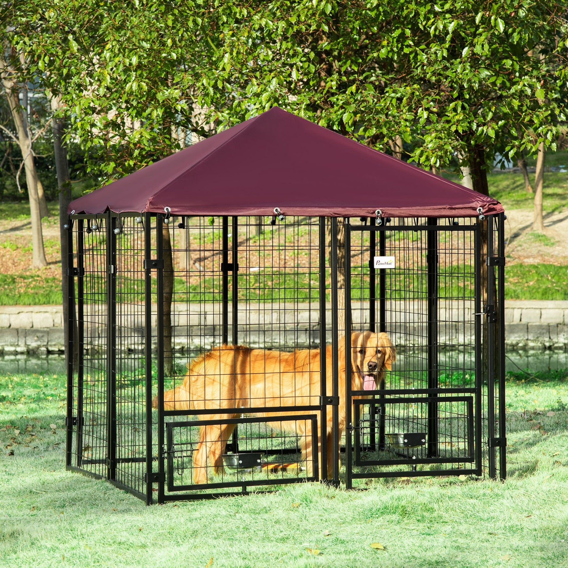 PawHut Outdoor Dog Kennel with Rotating Bowl Holders, Pet Playpen with Waterproof Cover, 4.6' x 4.6' x 5', Red