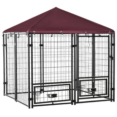 PawHut Outdoor Dog Kennel with Rotating Bowl Holders, Pet Playpen with Waterproof Cover, 4.6' x 4.6' x 5', Red