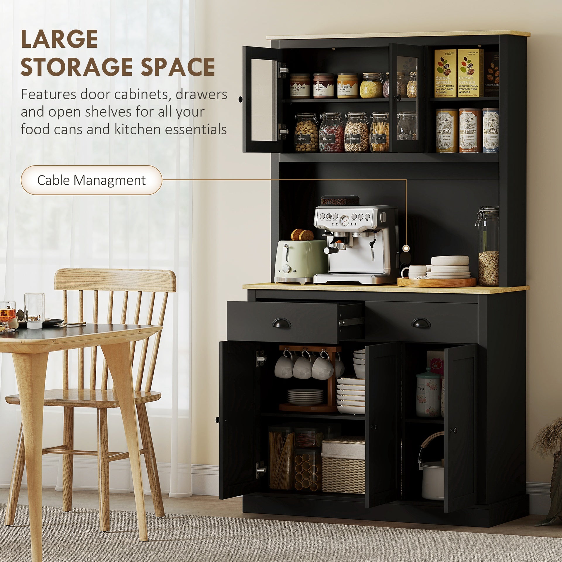 HOMCOM Freestanding Kitchen Cabinet, 71" Tall Pantry Cabinet, Modern Hutch with Wide Countertop, Adjustable Shelves, Black