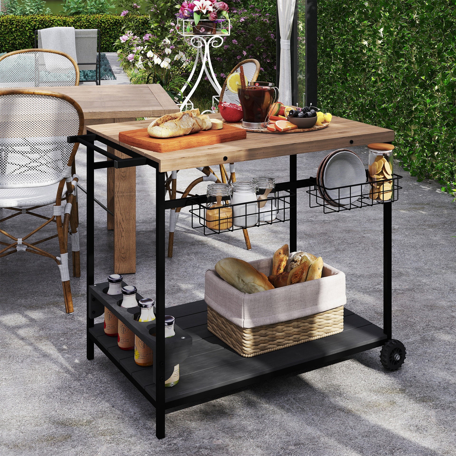 Outsunny Outdoor Bar Cart Patio Serving Cart with Wine Holders Natural