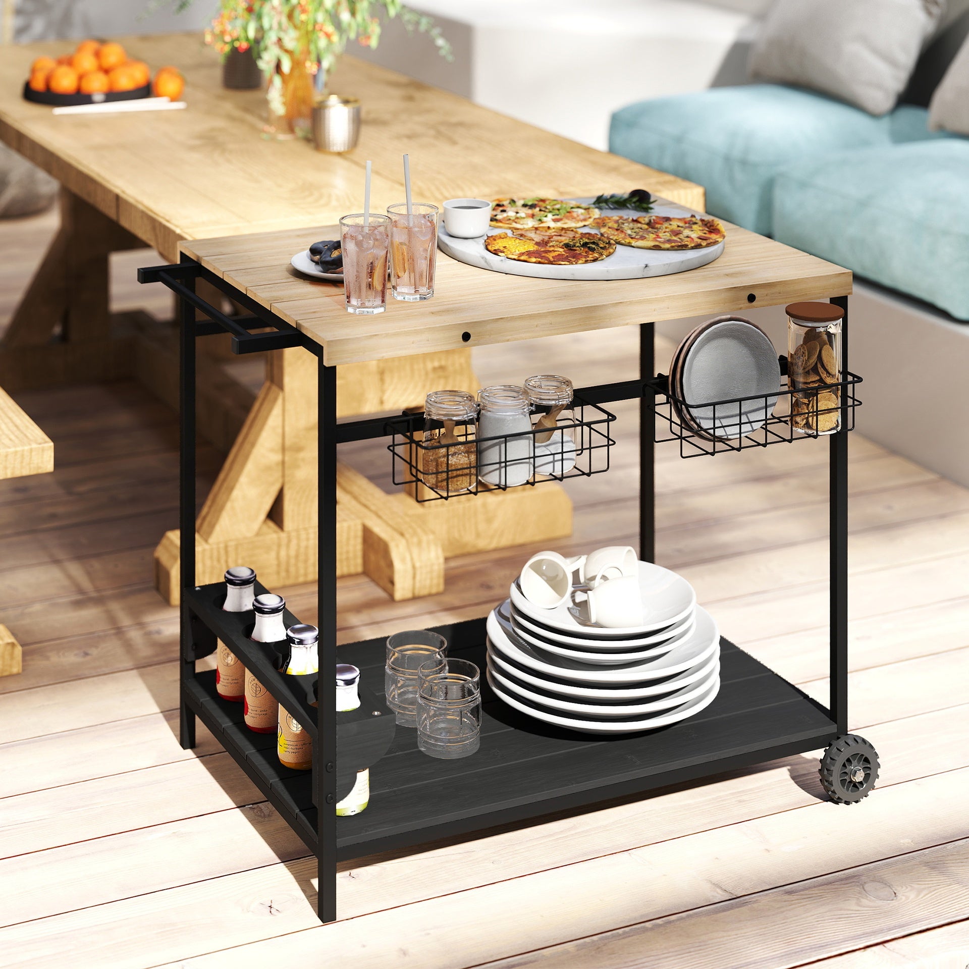 Outsunny Outdoor Bar Cart Patio Serving Cart with Wine Holders Natural