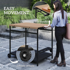 Outsunny Outdoor Bar Cart Patio Serving Cart with Wine Holders Natural
