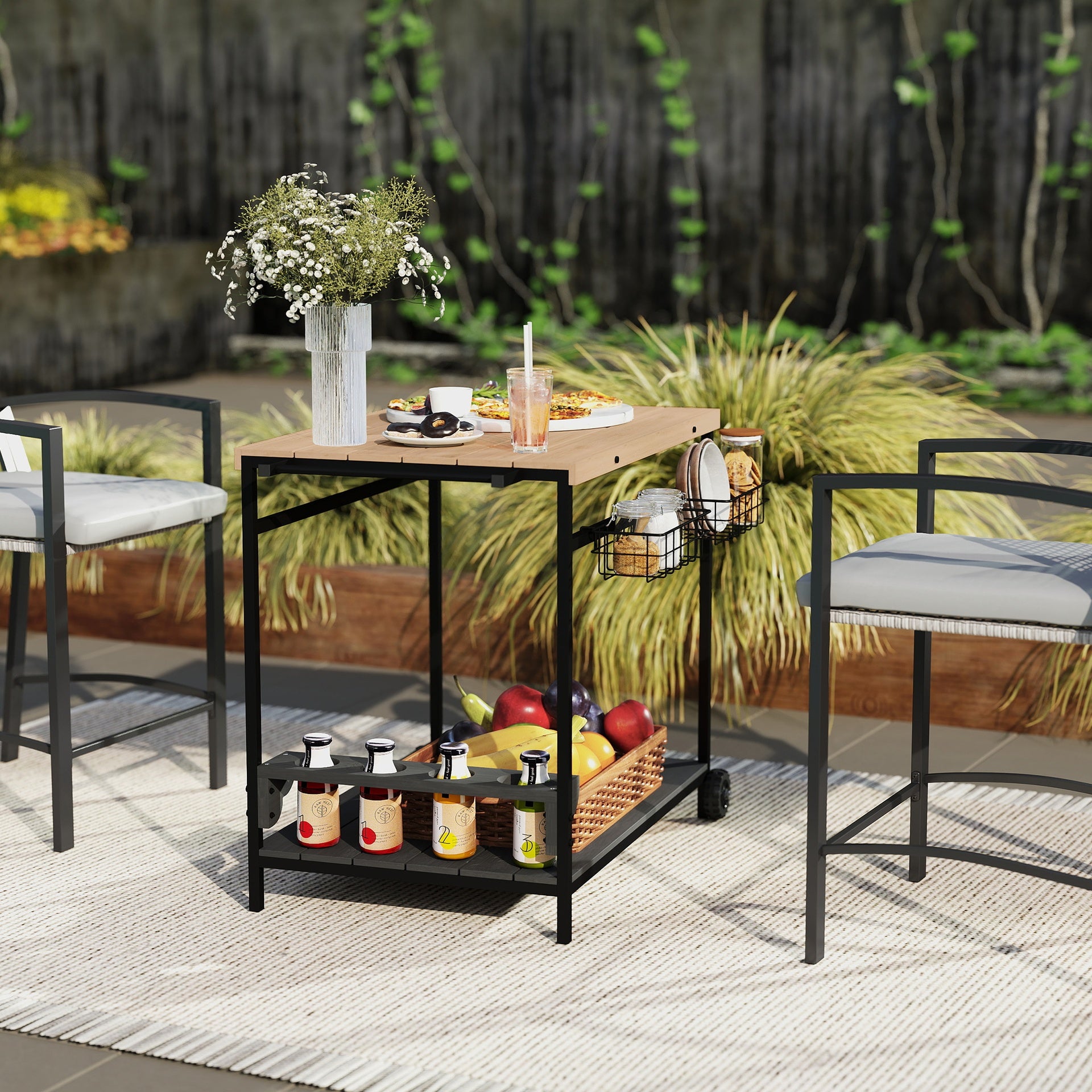 Outsunny Outdoor Bar Cart Patio Serving Cart with Wine Holders Natural