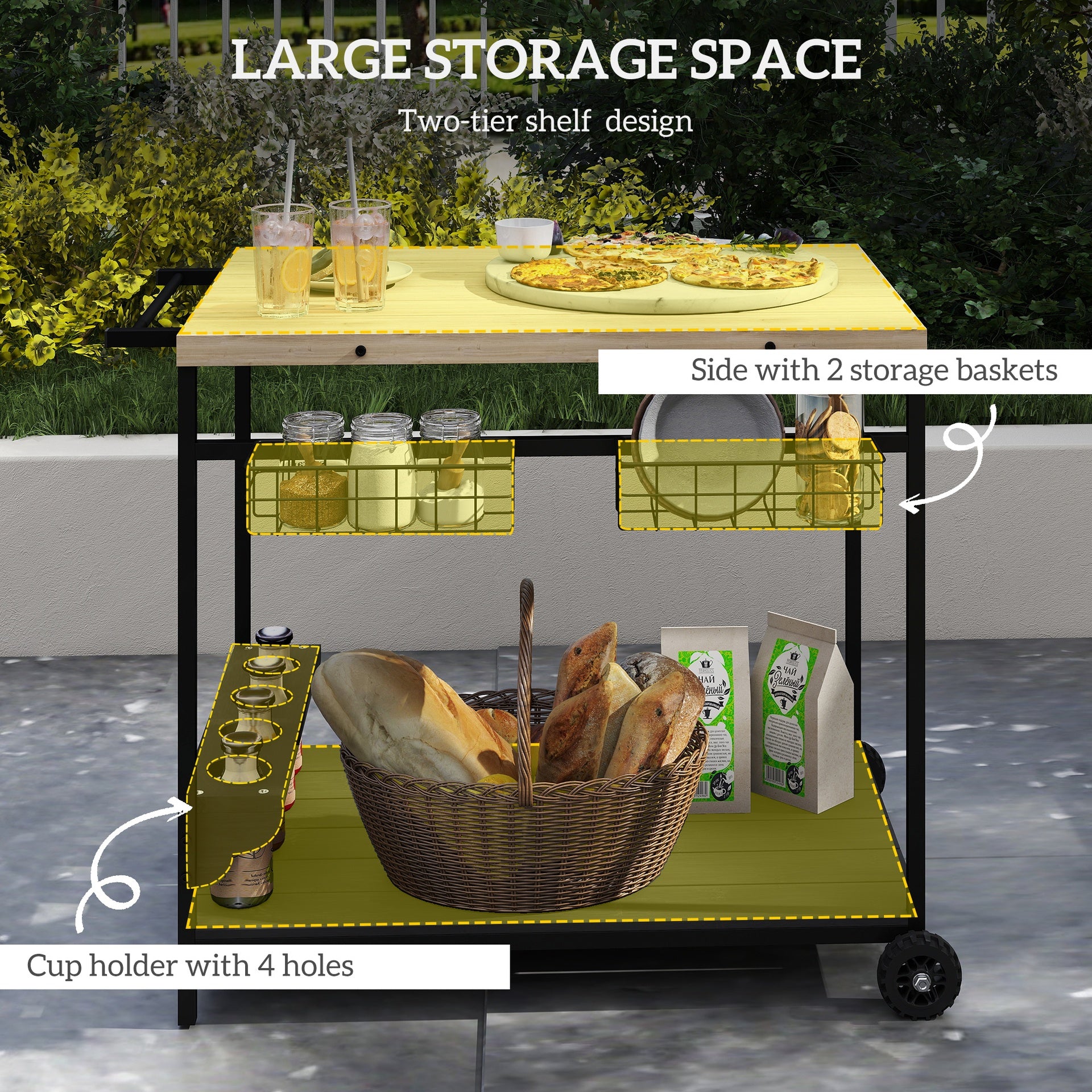 Outsunny Outdoor Bar Cart Patio Serving Cart with Wine Holders Natural