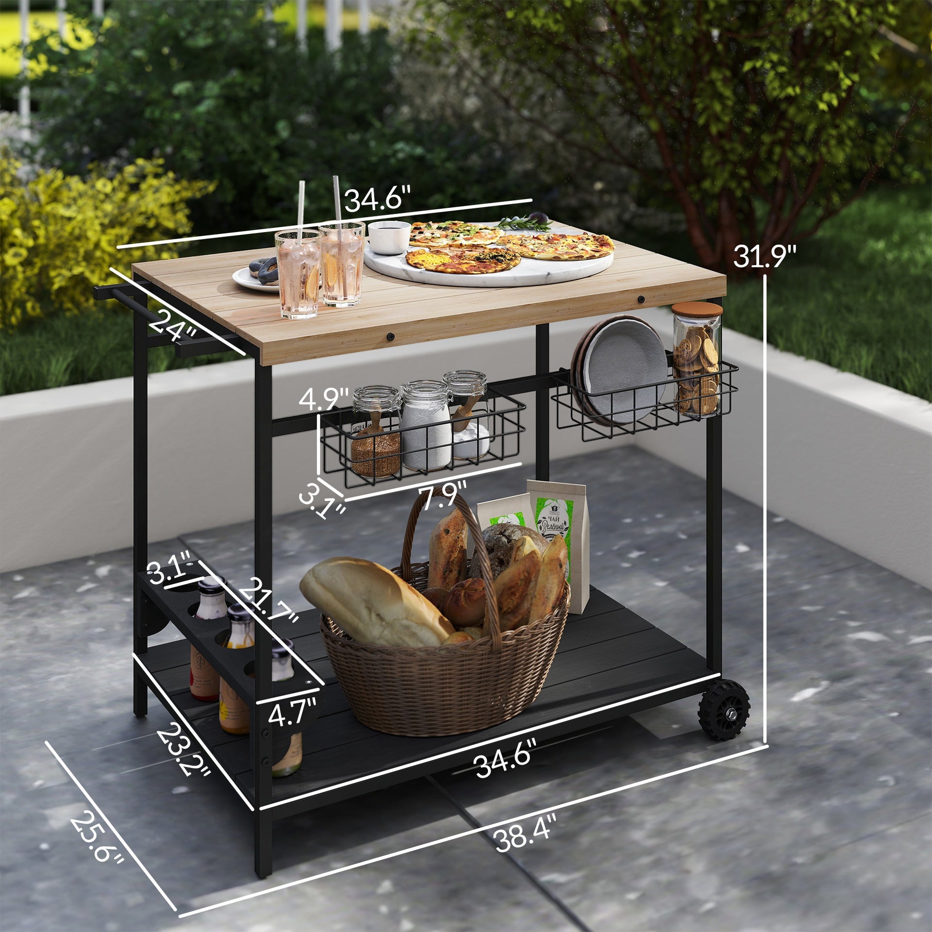 Outsunny Outdoor Bar Cart Patio Serving Cart with Wine Holders Natural