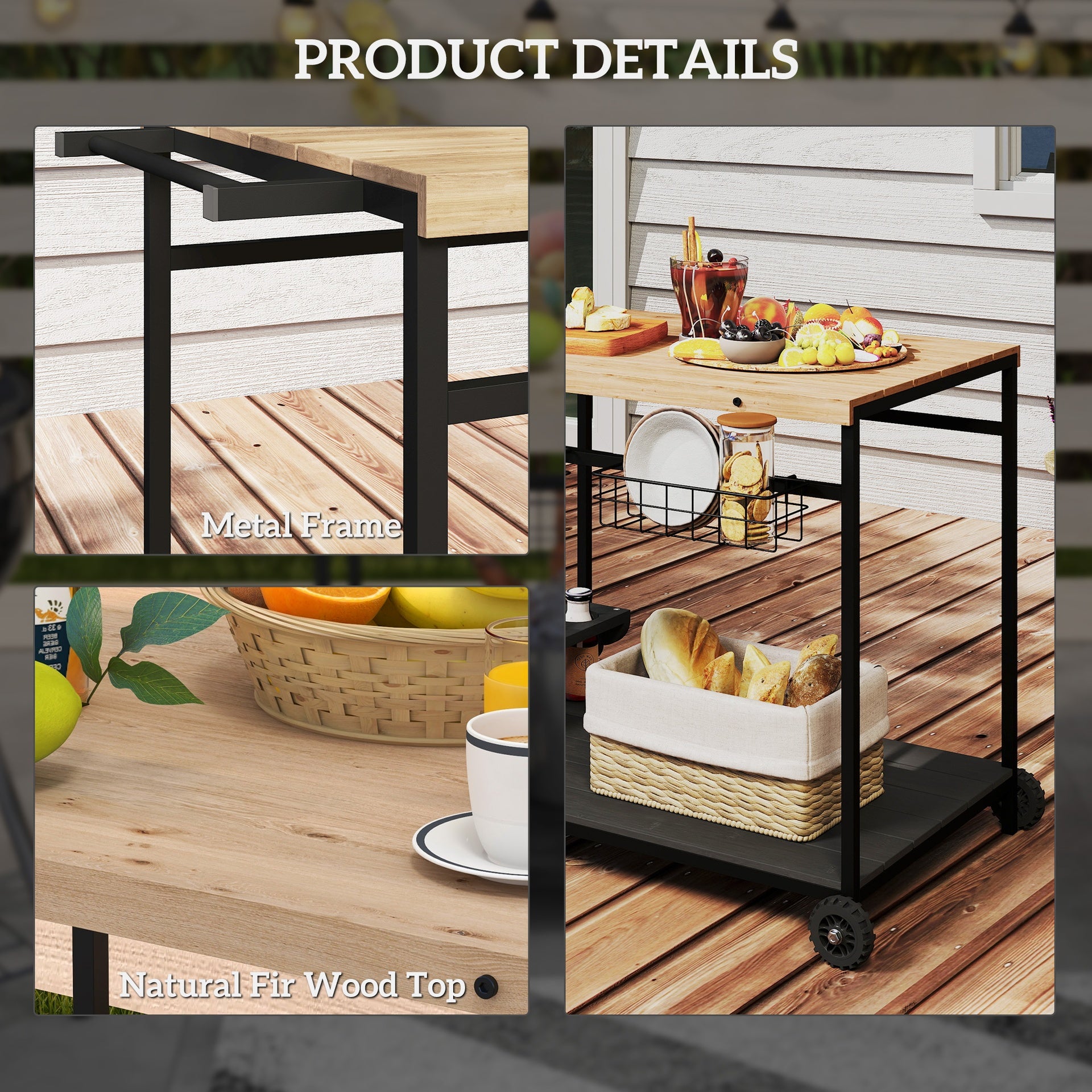 Outsunny Outdoor Bar Cart Patio Serving Cart with Wine Holders Natural