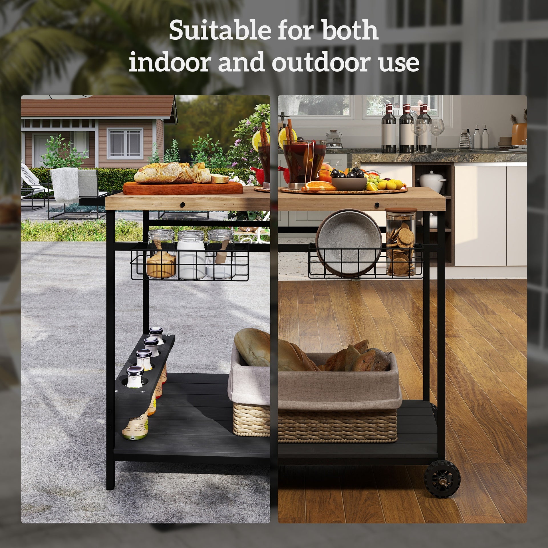 Outsunny Outdoor Bar Cart Patio Serving Cart with Wine Holders Natural