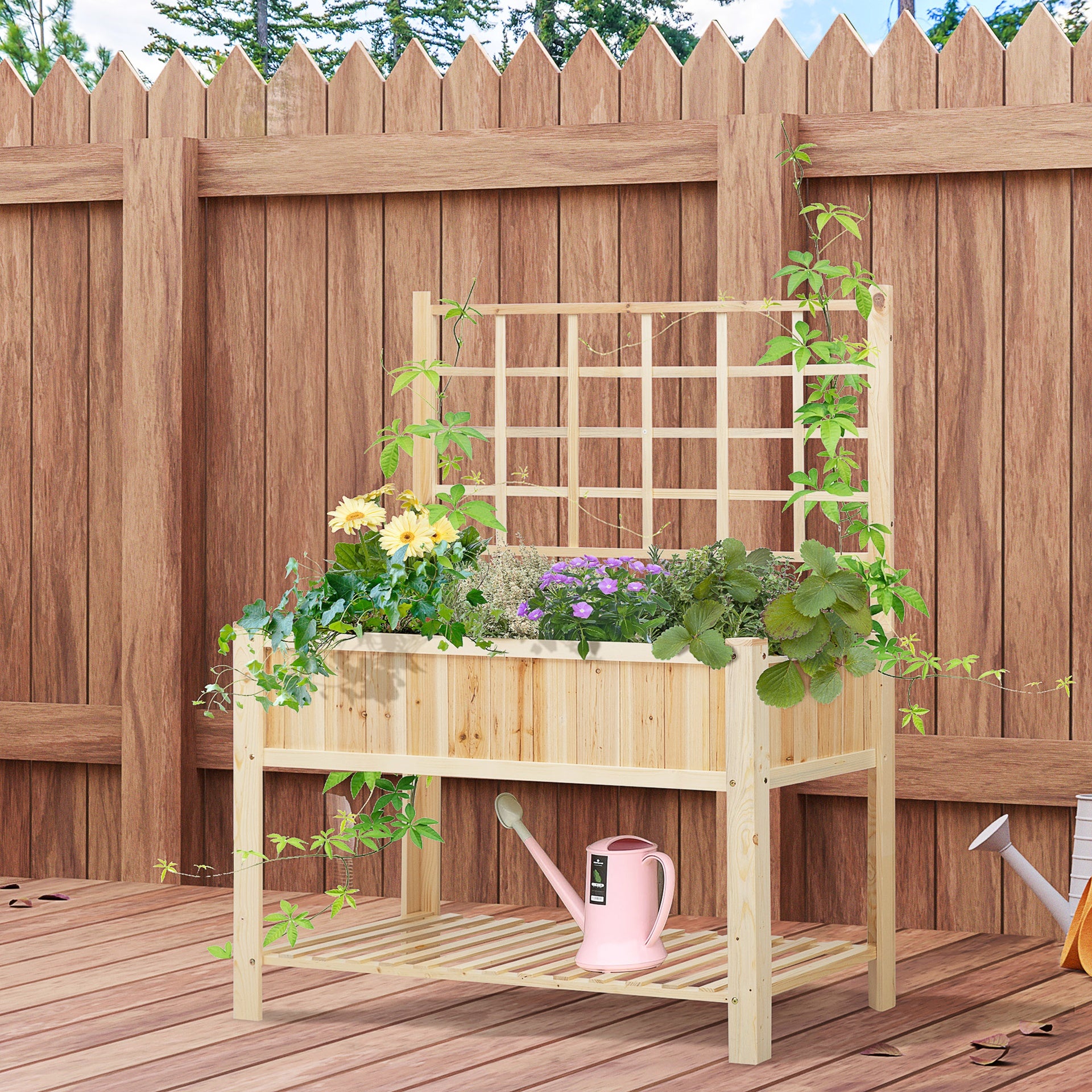 Outsunny 47'' Wooden Raised Garden Bed with Trellis, Coutryside Style Elevated Planter Box Stand with Open Storage Shelf, Spacious Planting Area for Vegetables, Herbs, Flowers