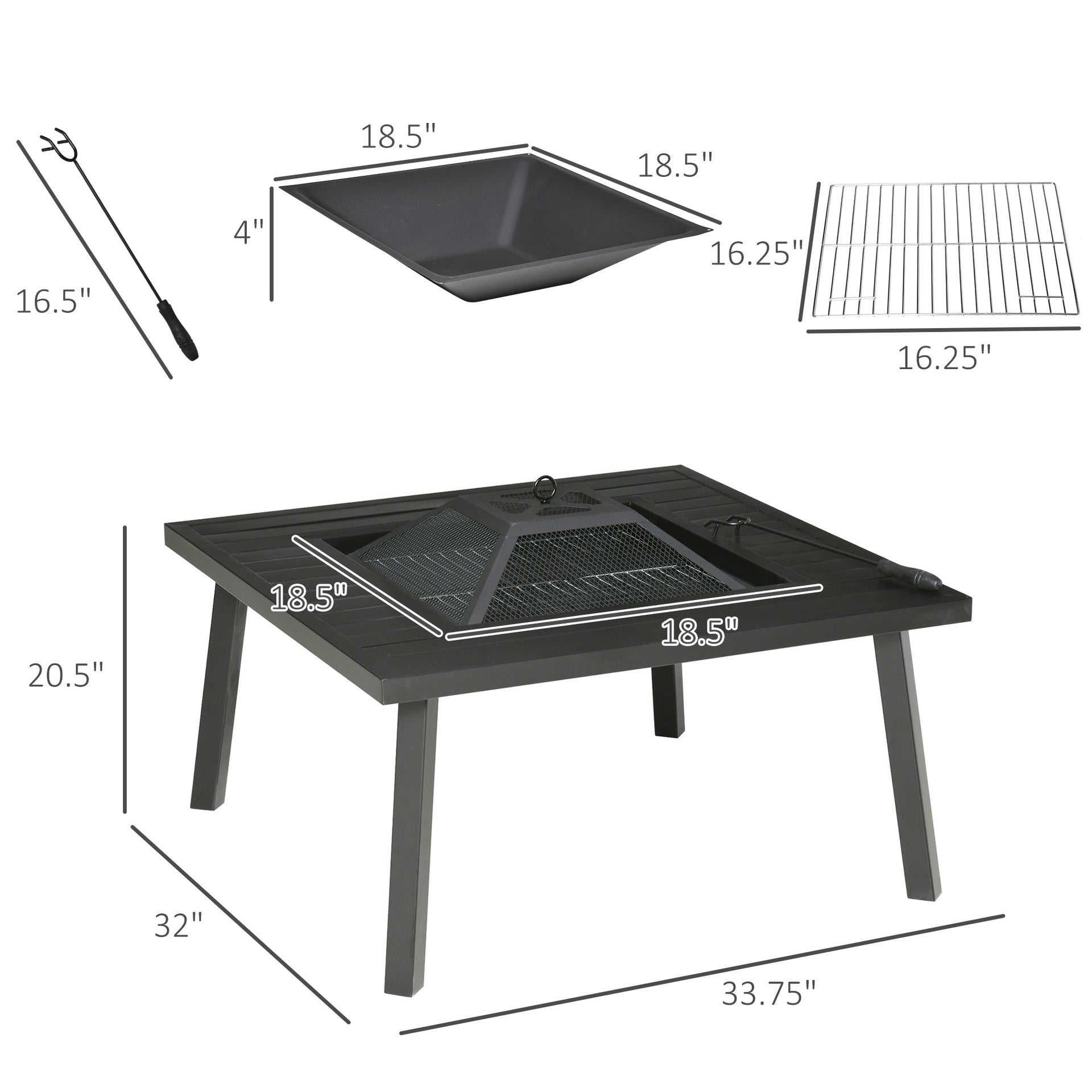 Outsunny 34" Fire Pit with Grill, Metal Outdoor Wood Burning Firepit with Spark Screen, Fire Poker, Cover, Table Lip, Black