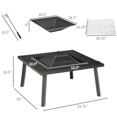 Outsunny 34" Fire Pit with Grill, Metal Outdoor Wood Burning Firepit with Spark Screen, Fire Poker, Cover, Table Lip, Black