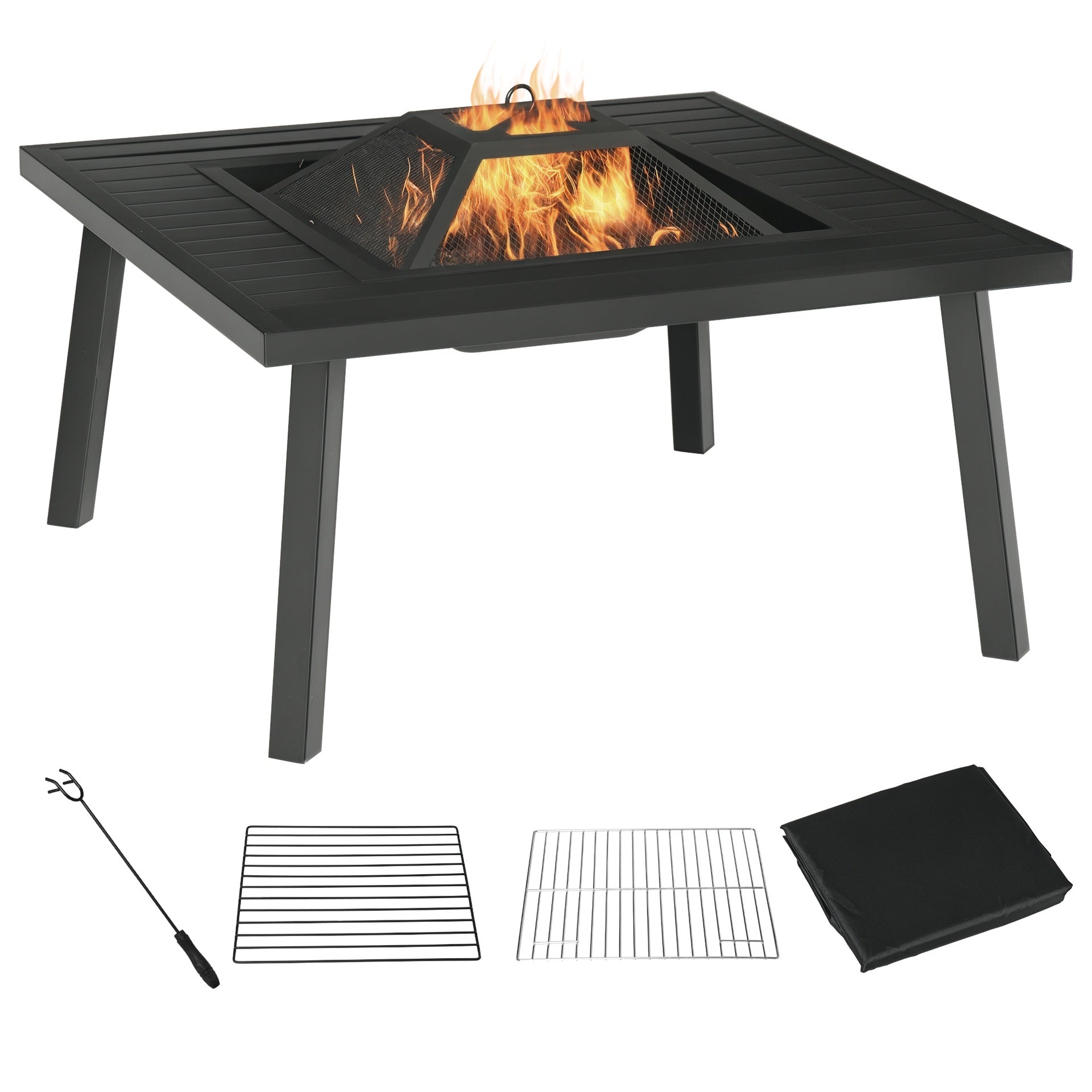 Outsunny 34" Fire Pit with Grill, Metal Outdoor Wood Burning Firepit with Spark Screen, Fire Poker, Cover, Table Lip, Black