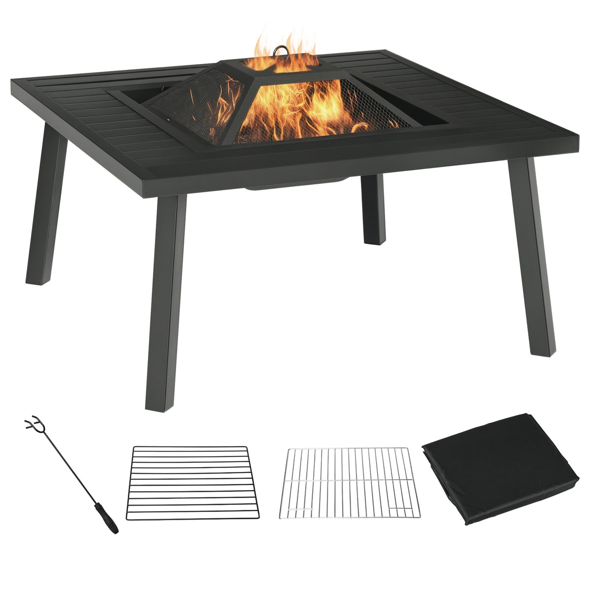 Outsunny 34" Fire Pit with Grill, Metal Outdoor Wood Burning Firepit with Spark Screen, Fire Poker, Cover, Table Lip, Black