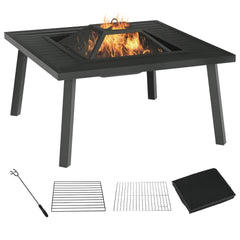 Outsunny 34" Fire Pit with Grill, Metal Outdoor Wood Burning Firepit with Spark Screen, Fire Poker, Cover, Table Lip, Black