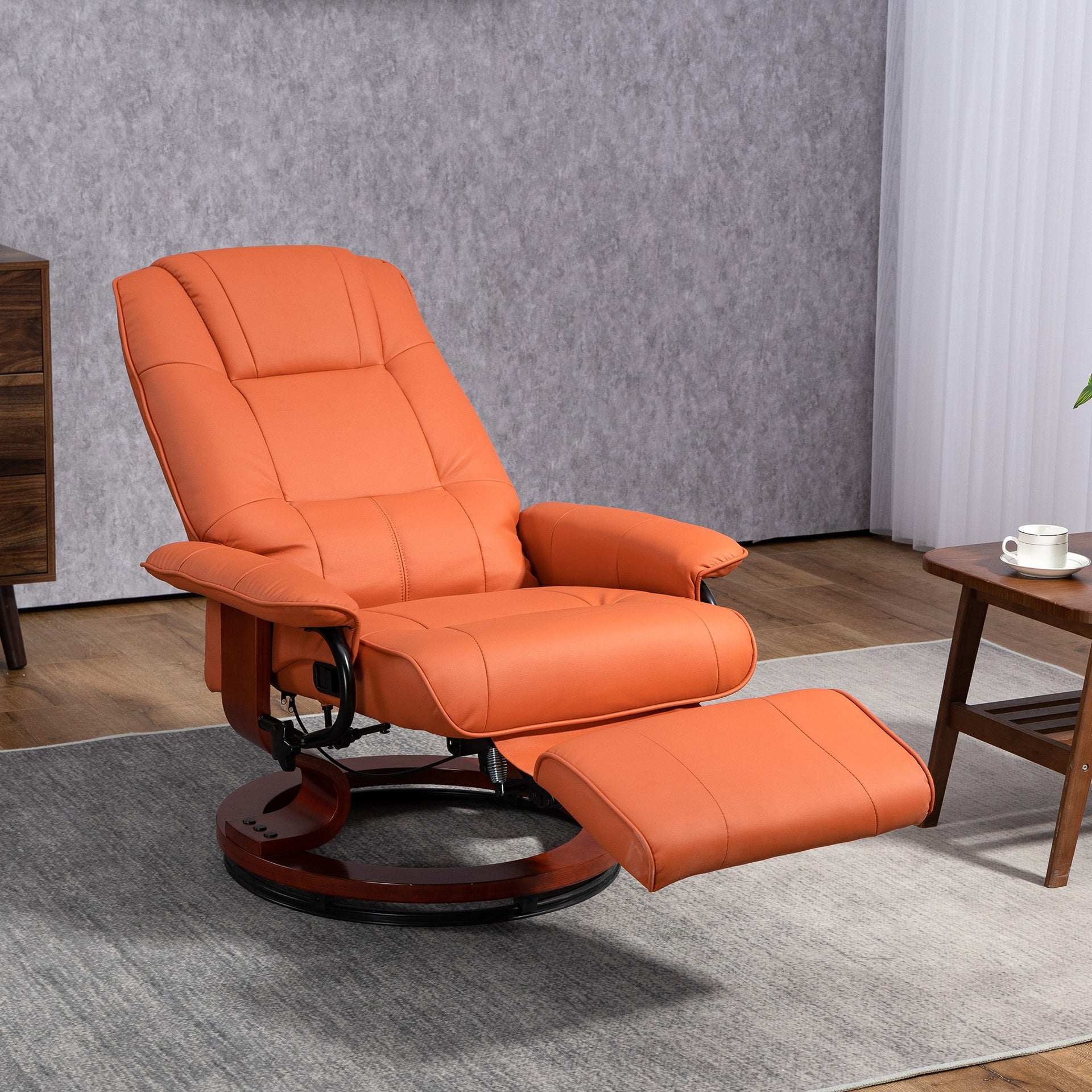 HOMCOM Faux Leather Recliner Chair, Swivel Recliner with Footrest, Armrest and Wood Base for Living Room, Orange