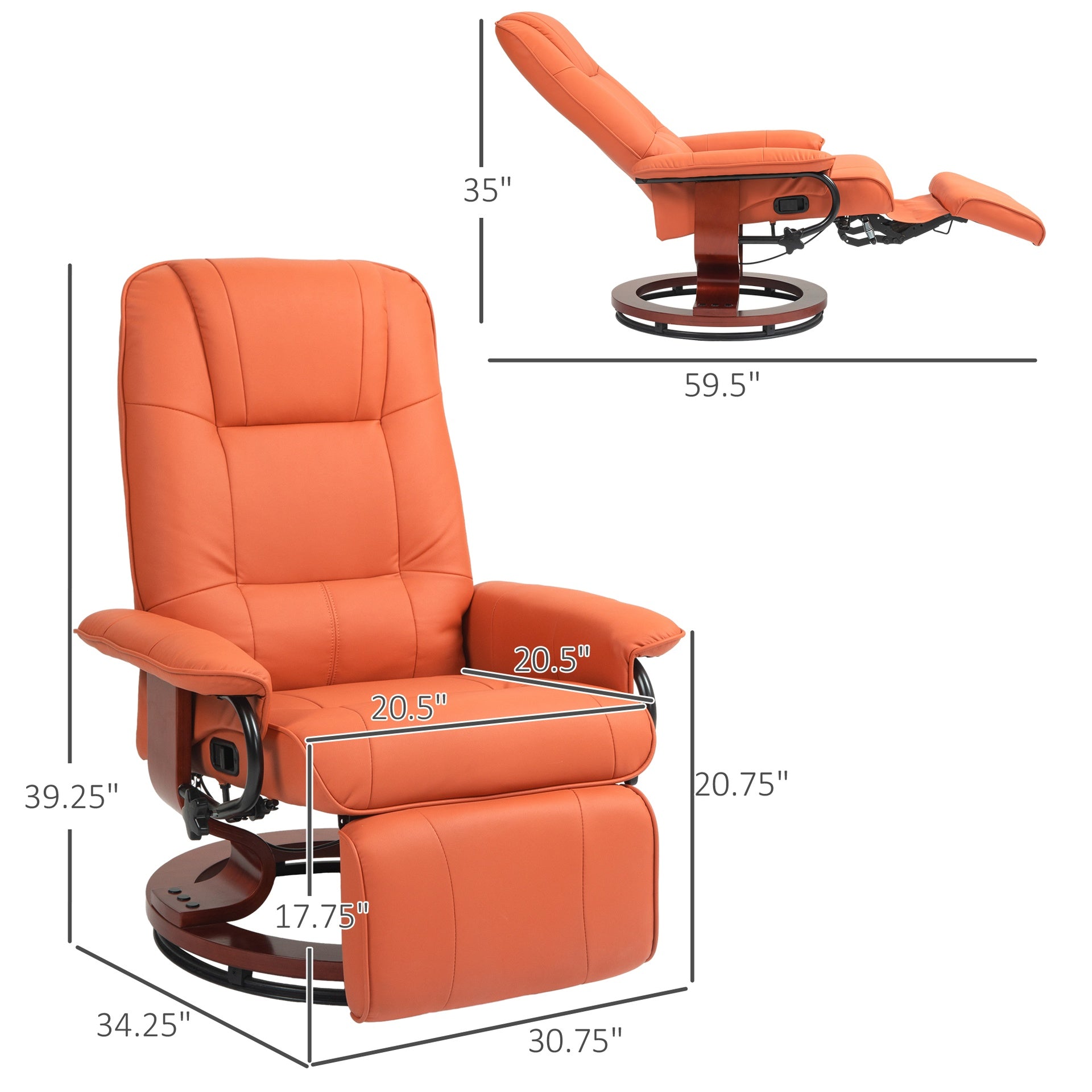 HOMCOM Faux Leather Recliner Chair, Swivel Recliner with Footrest, Armrest and Wood Base for Living Room, Orange