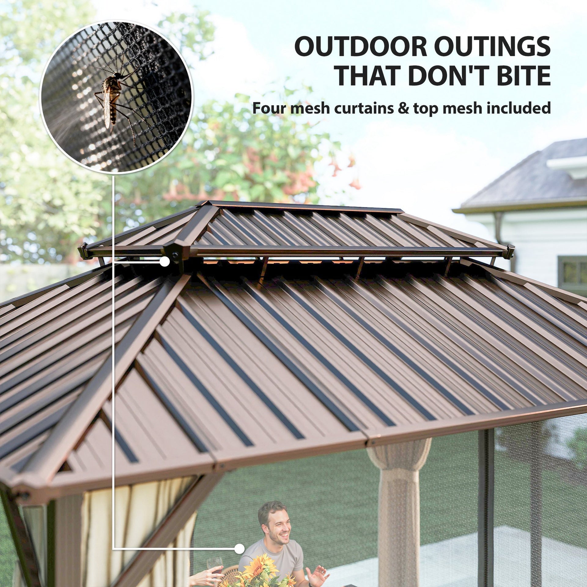 Outsunny 10' x 14' Hardtop Gazebo with Double Galvanized Steel Roof Canopy, Aluminum Frame Permanent Gazebo, Brown