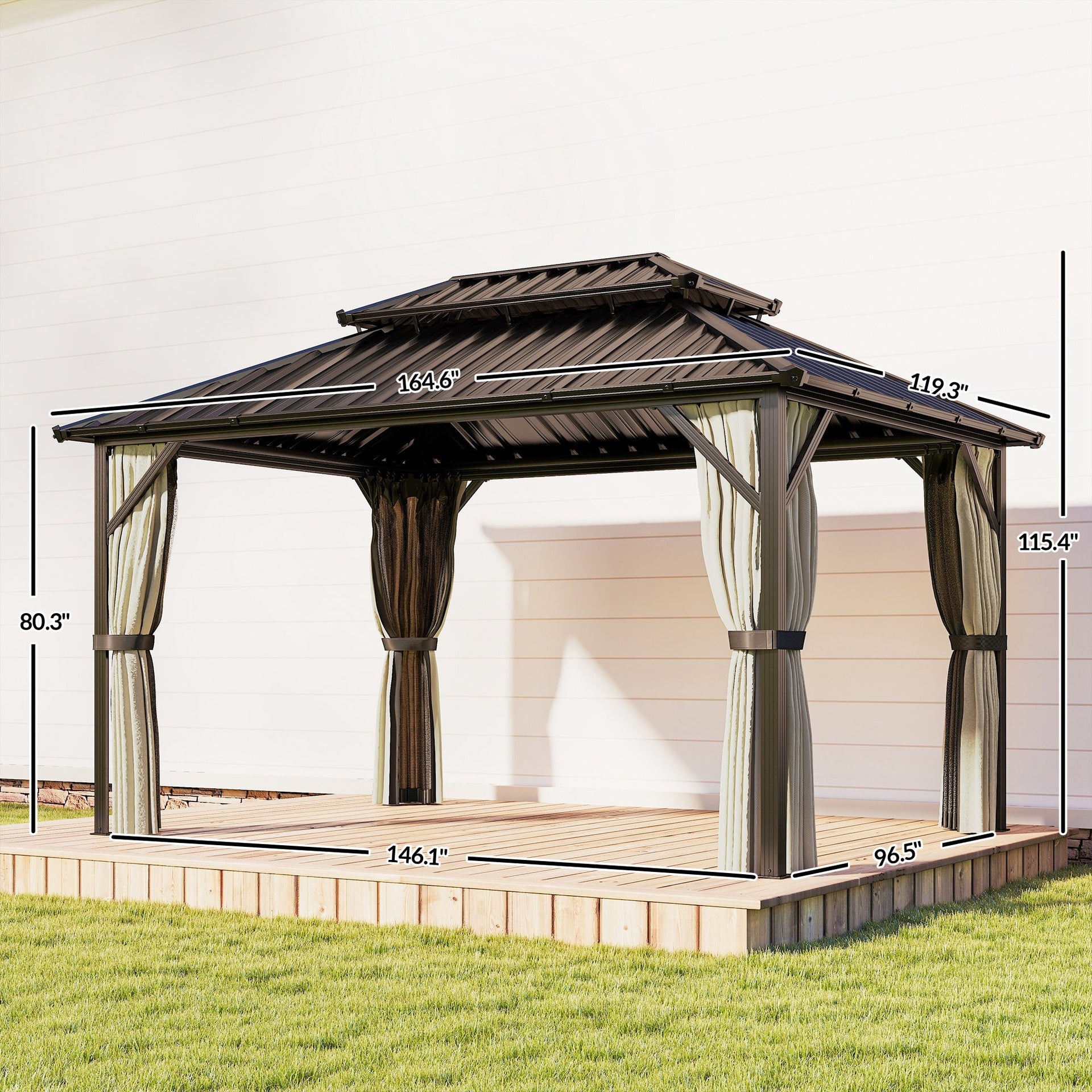 Outsunny 10' x 14' Hardtop Gazebo with Double Galvanized Steel Roof Canopy, Aluminum Frame Permanent Gazebo, Brown