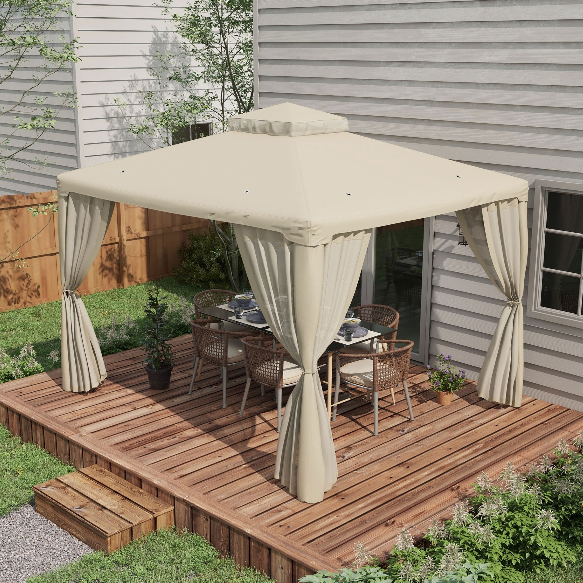 Outsunny 9.6' x 11.6' Patio Gazebo Outdoor Canopy Shelter with 2-Tier Roof and Netting, Steel Frame for Garden, Cream White