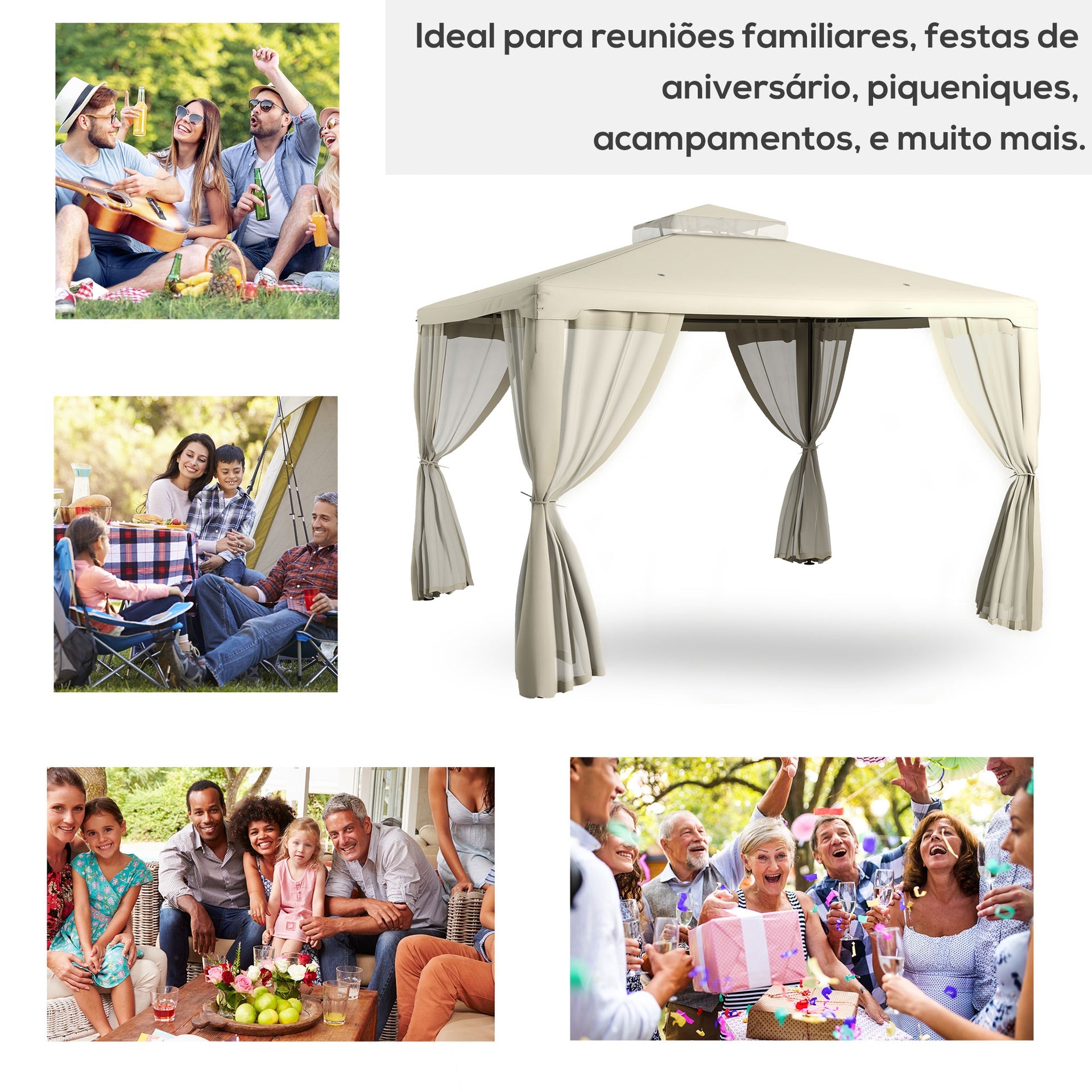Outsunny 9.6' x 11.6' Patio Gazebo Outdoor Canopy Shelter with 2-Tier Roof and Netting, Steel Frame for Garden, Cream White