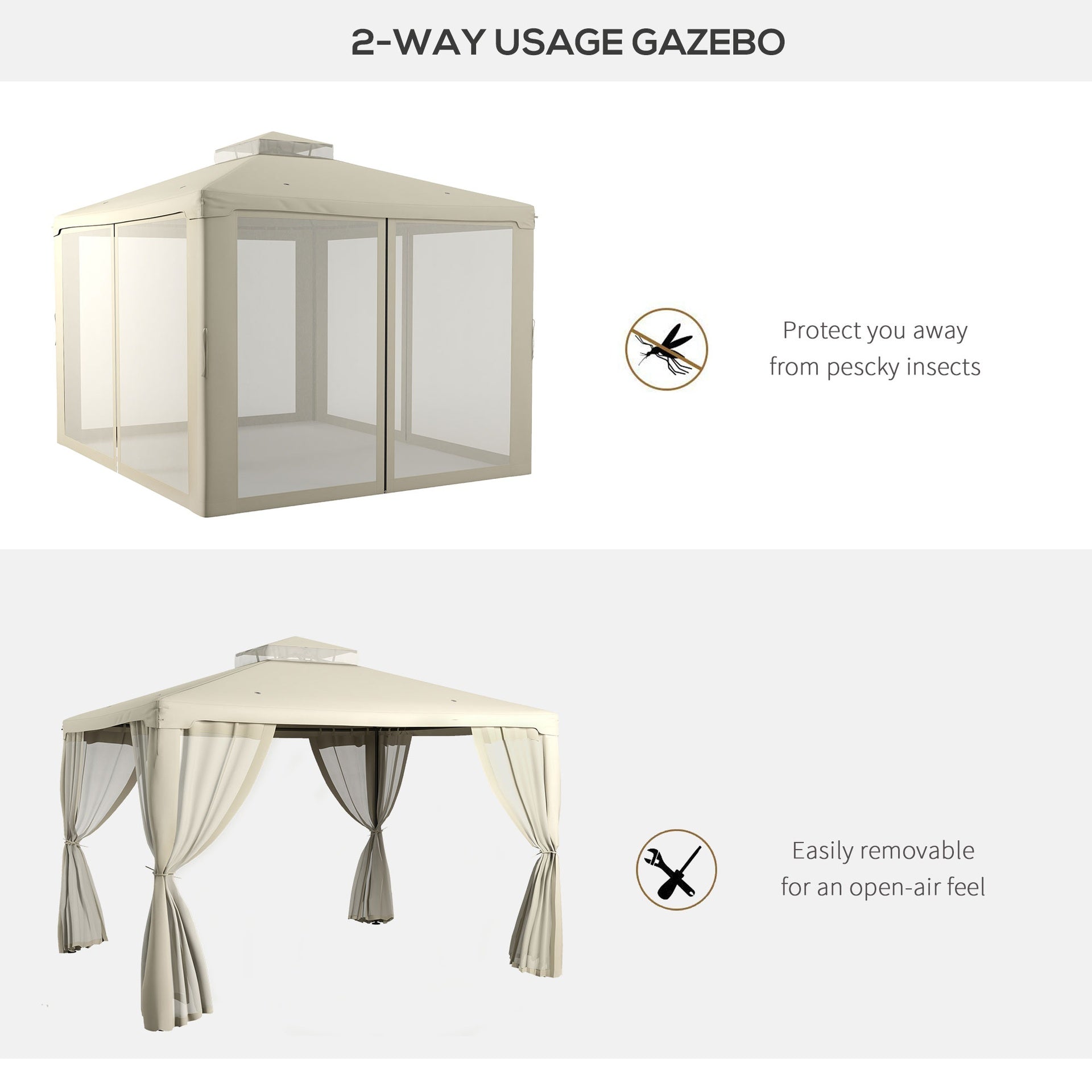 Outsunny 9.6' x 11.6' Patio Gazebo Outdoor Canopy Shelter with 2-Tier Roof and Netting, Steel Frame for Garden, Cream White