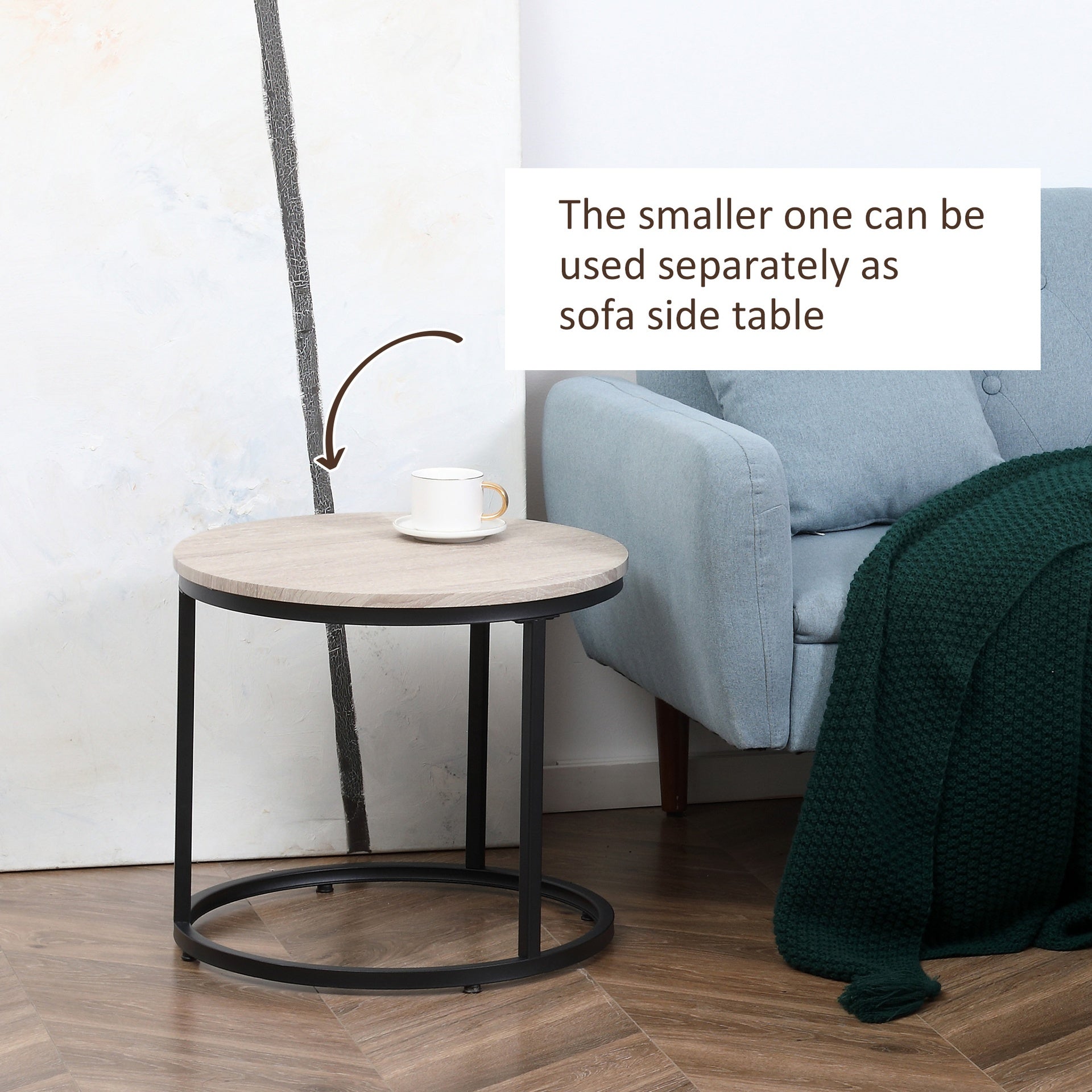HOMCOM Round Nesting Tables Set of 2, Stacking Coffee Table Set with Metal Frame for Living Room, Grey