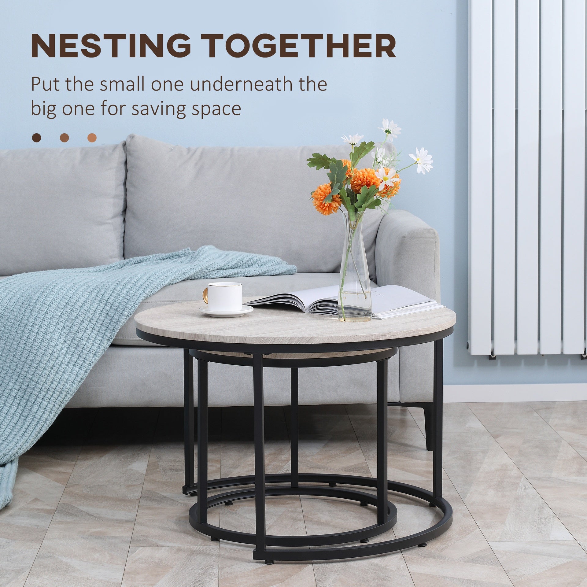 HOMCOM Round Nesting Tables Set of 2, Stacking Coffee Table Set with Metal Frame for Living Room, Grey