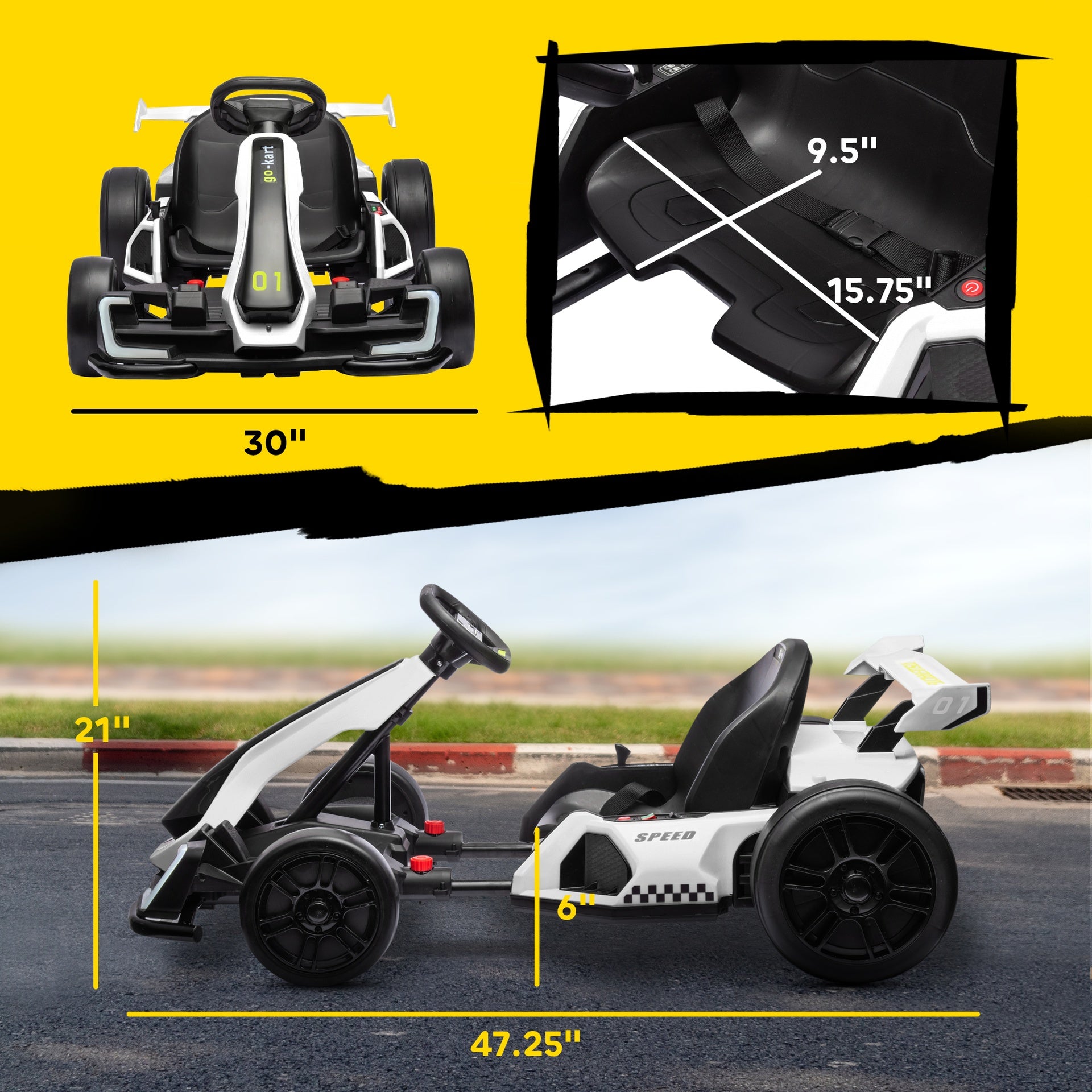 Aosom 24V 7.5 MPH Electric Go Kart with Adjustable Seat, Slow Start, White