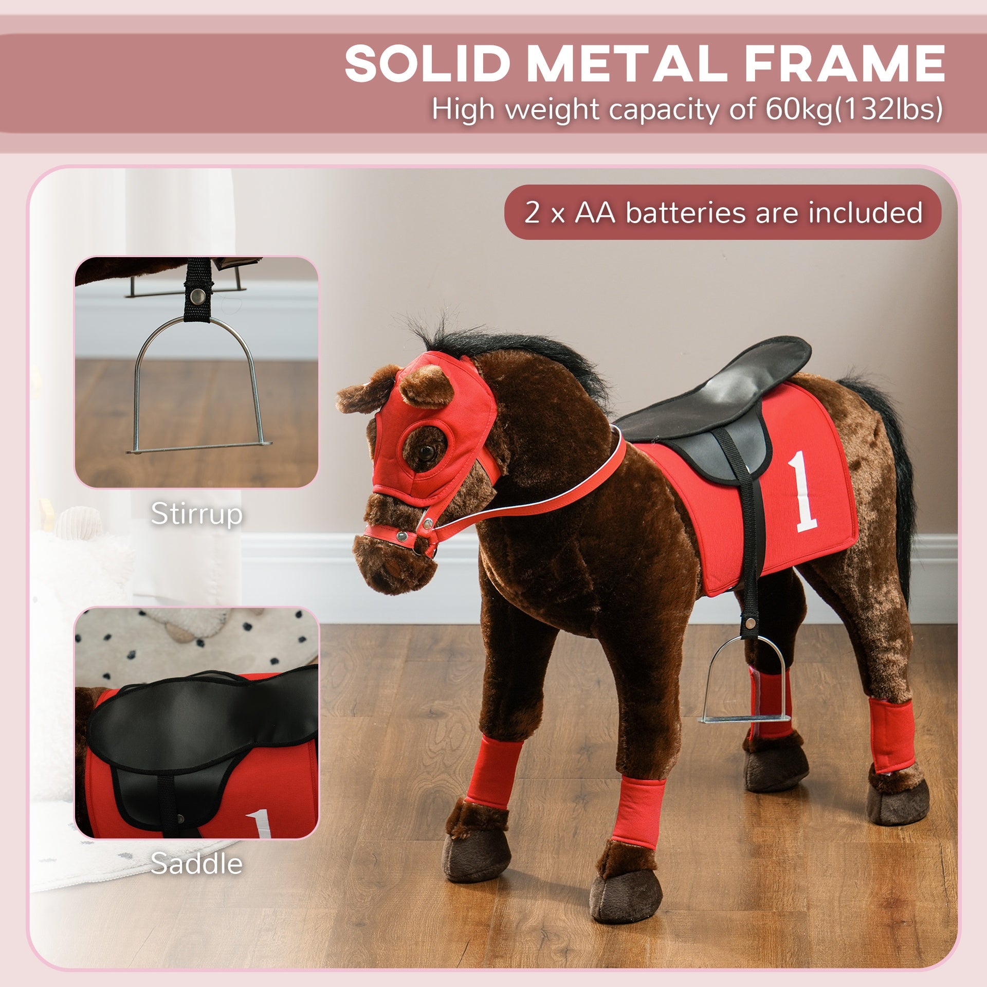 Qaba Ride on Horse for Kids 3-8 Years Old w/ Neighing Sound, Saddle & Stirrups