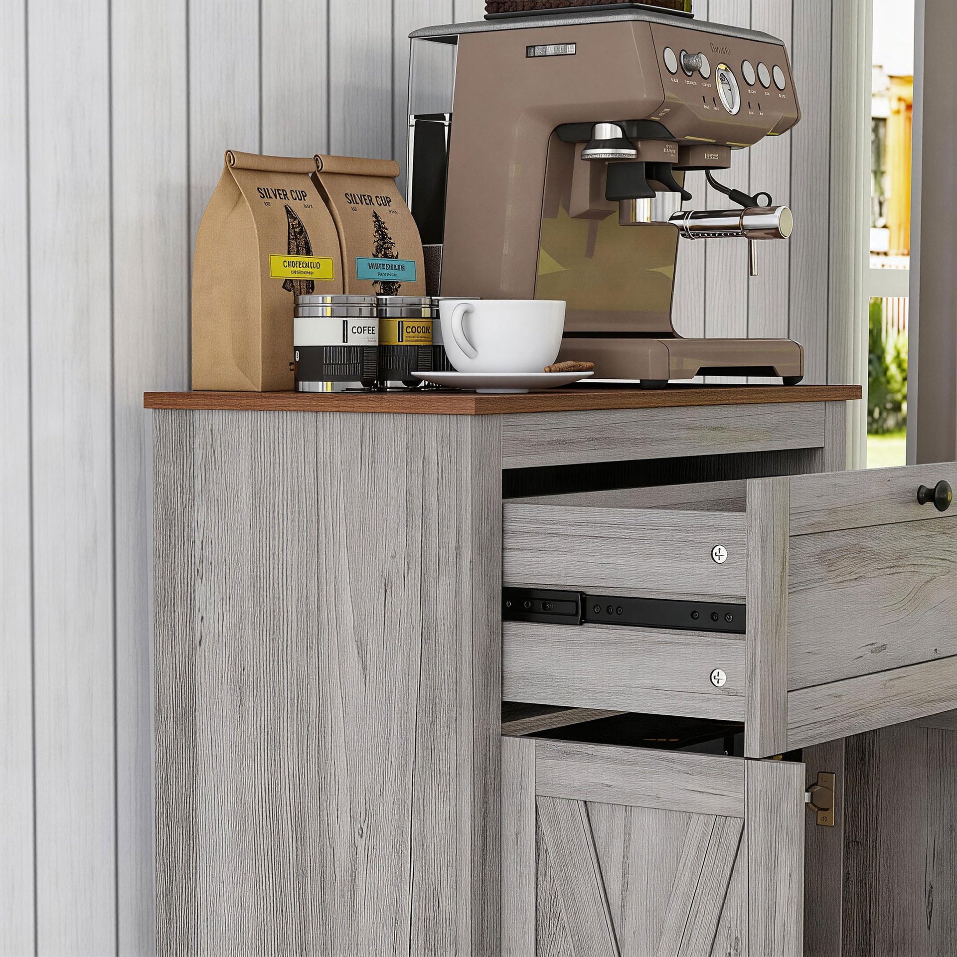 HOMCOM Farmhouse Sideboard Storage Cabinet with Doors and Drawer for Kitchen, Living room, 23.5"x11.75"x34.5", Light Gray