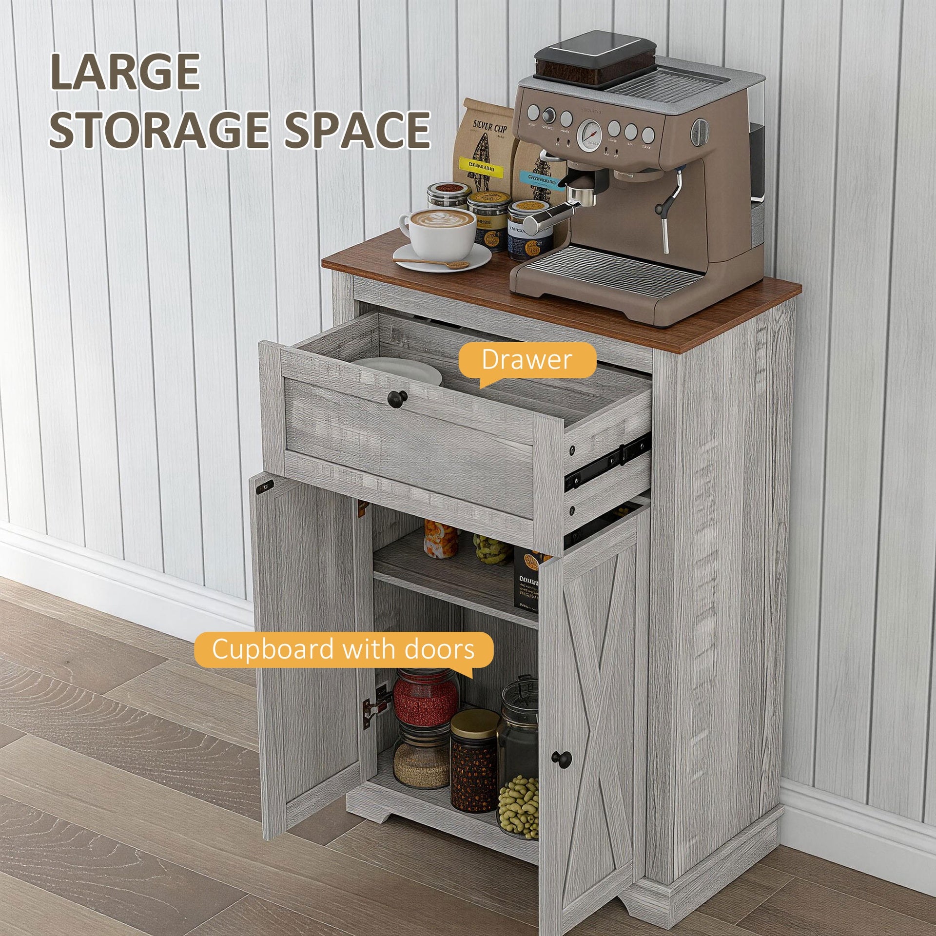 HOMCOM Farmhouse Sideboard Storage Cabinet with Doors and Drawer for Kitchen, Living room, 23.5"x11.75"x34.5", Light Gray