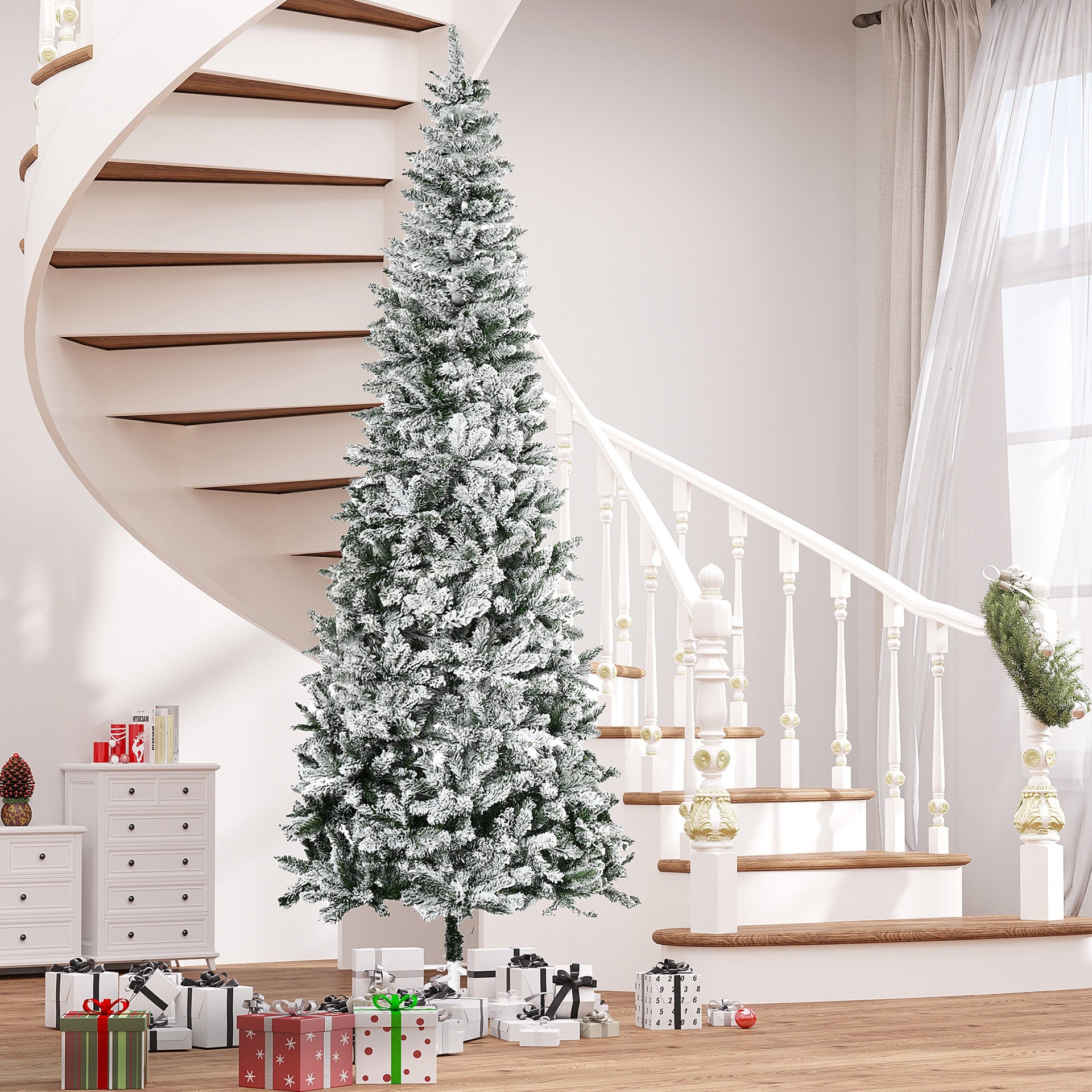 HOMCOM 9ft Unlit Snow-Flocked Slim Pine Artificial Christmas Tree with Realistic Branches and 1084 Tips