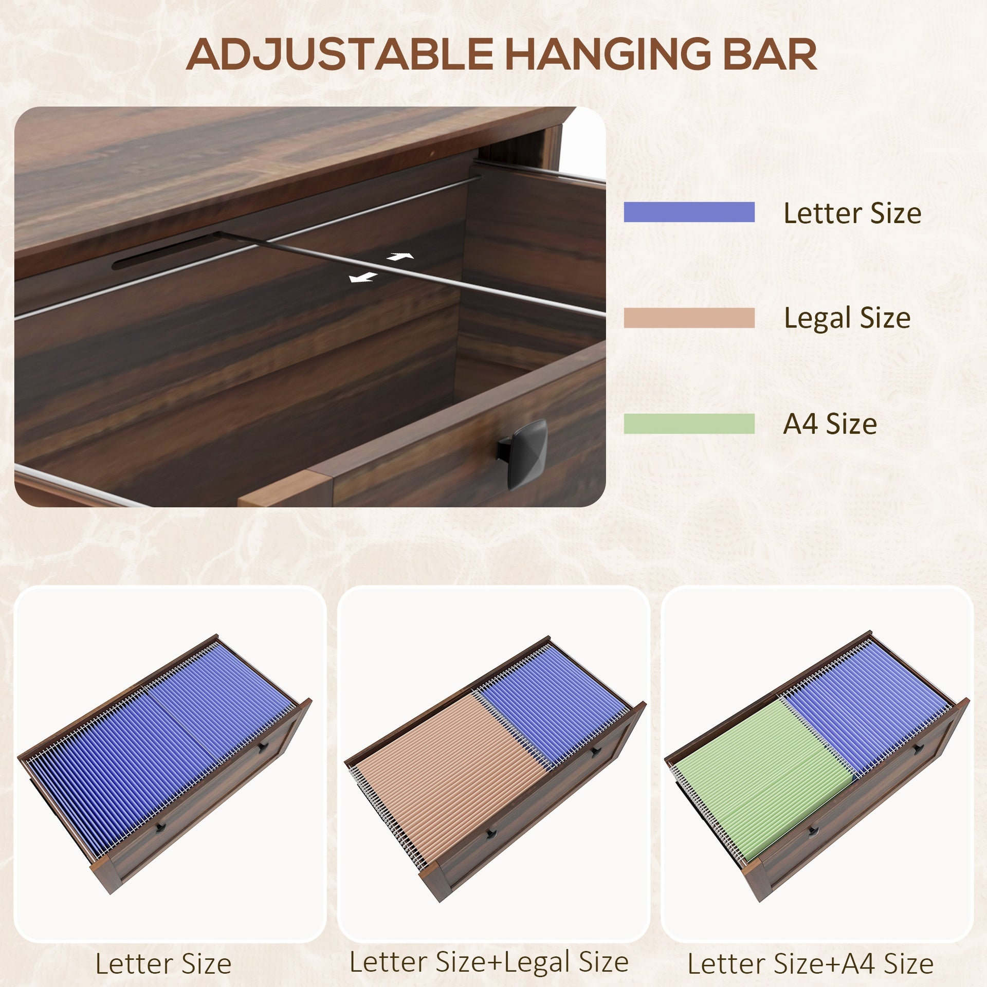 HOMCOM Lateral File Cabinet, 2 Drawer Filing Cabinet with Adjustable Hanging Bar for Letter, A4 and Legal Size, Brown