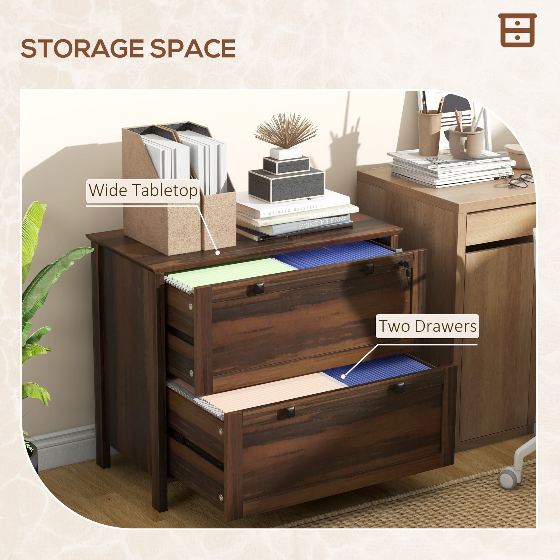 HOMCOM Lateral File Cabinet, 2 Drawer Filing Cabinet with Adjustable Hanging Bar for Letter, A4 and Legal Size, Brown