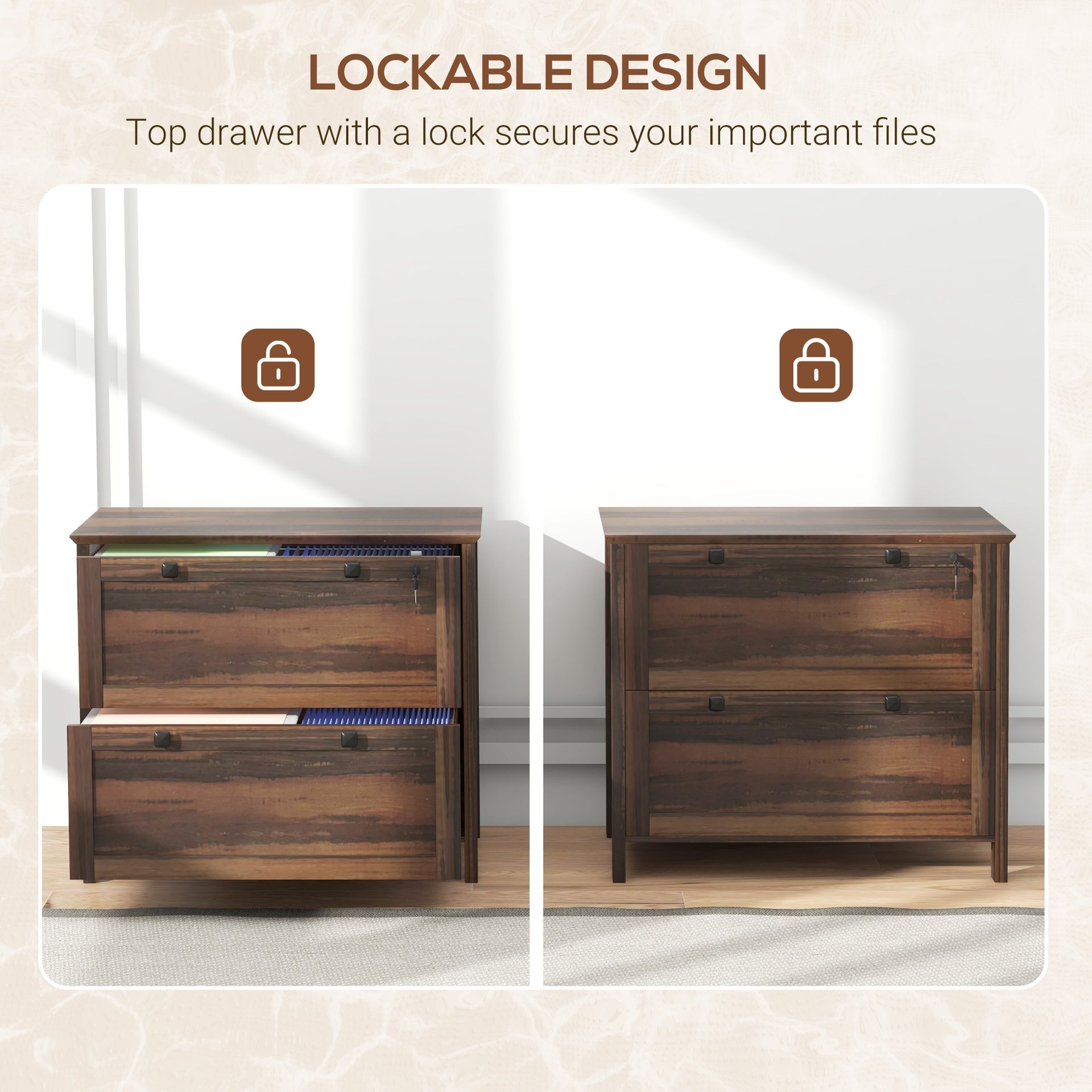 HOMCOM Lateral File Cabinet, 2 Drawer Filing Cabinet with Adjustable Hanging Bar for Letter, A4 and Legal Size, Brown